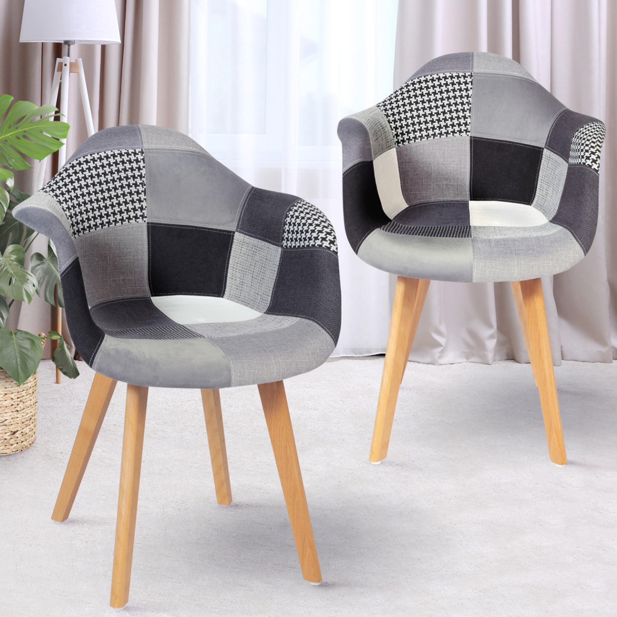 Voir la diapositive 2 : ID MARKET Lot de 2 chaises de salle à manger scandinaves, fauteuils de table sara motifs patchworks noirs, gris et blancs