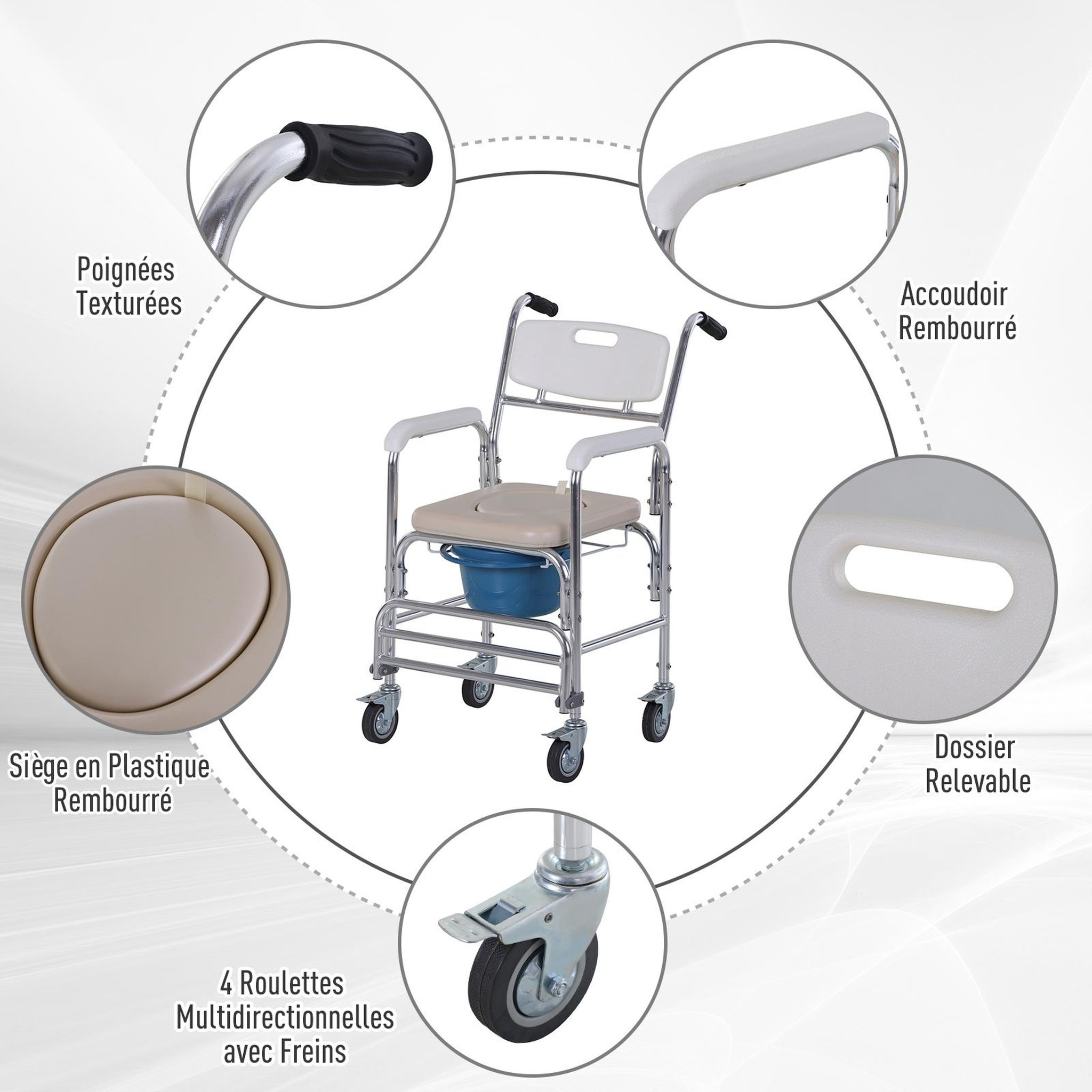 Voir la diapositive 6 : HOMCOM HOMCOM Chaise percée à roulettes - fauteuil roulant percé - chaise de douche - seau amovible, accoudoirs, repose-pied - acier chromé HDPE blanc