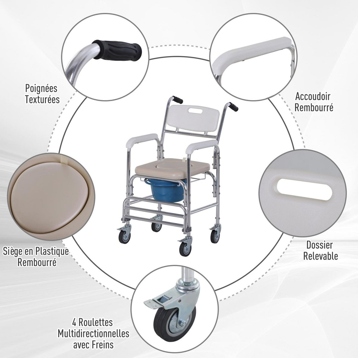 HOMCOM HOMCOM Chaise percée à roulettes - fauteuil roulant percé - chaise de douche - seau amovible, accoudoirs, repose-pied - acier chromé HDPE blanc
