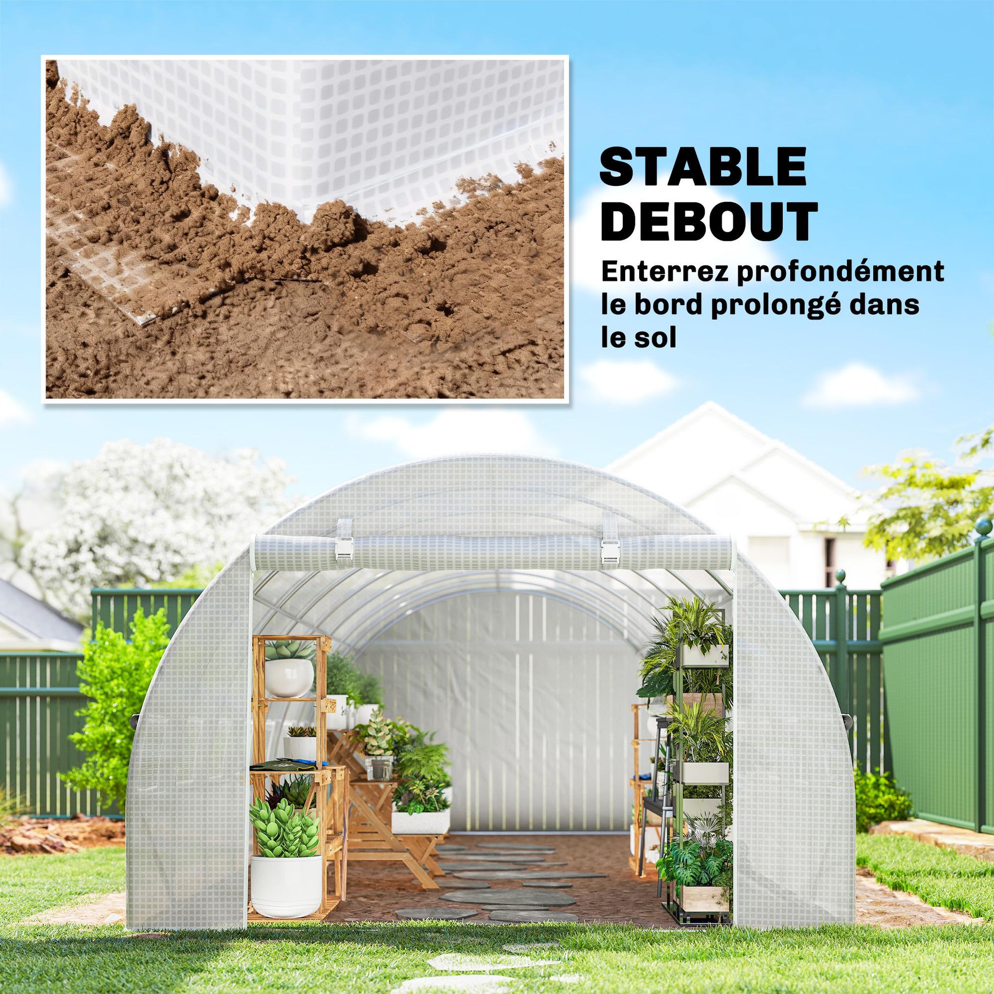 Voir la diapositive 6 : OUTSUNNY Serre tunnel 24m² dim. 8l x 3l x 2h m - 16 fenêtres, porte zippée - acier galvanisé pe haute densité blanc