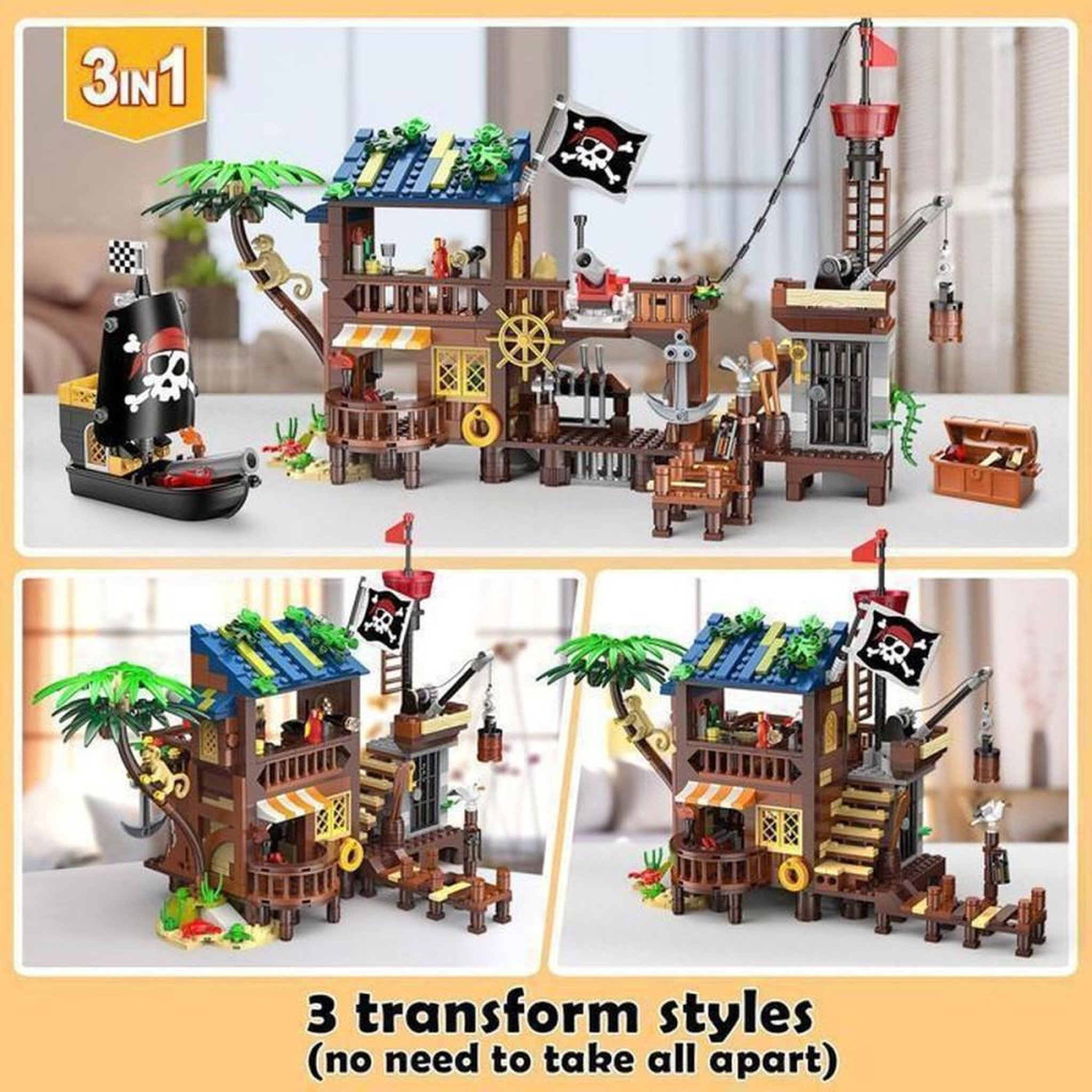 Voir la diapositive 5 : Ensemble de construction pirate 3 en 1 781 pièces avec LED, navire et camp transformable