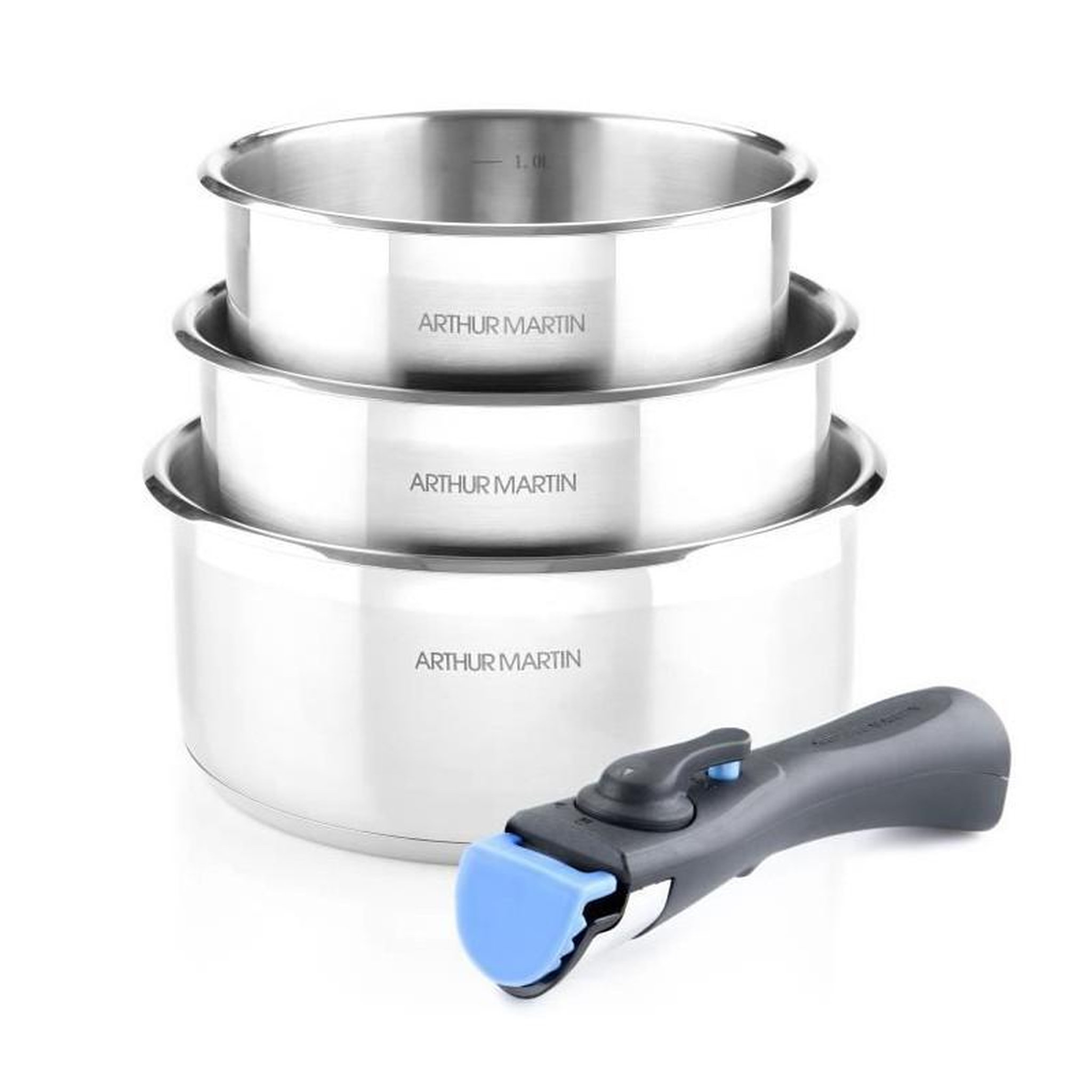 Arthur Martin Set de 3 casseroles 16-18-20 cm Arthur Martin AM3710 - Acier Inoxydable - Poignée amovible - Tous feux dont induction