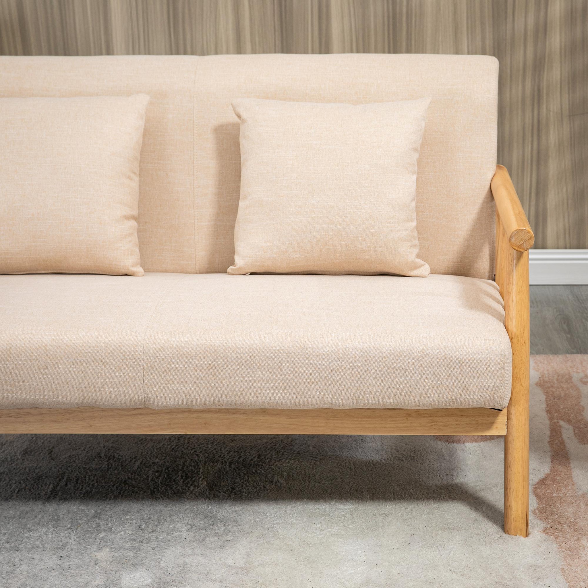 Voir la diapositive 6 : HOMCOM Canapé lounge 2 places - 2 coussins inclus - assise profonde - accoudoirs - structure bois hévéa - aspect lin beige
