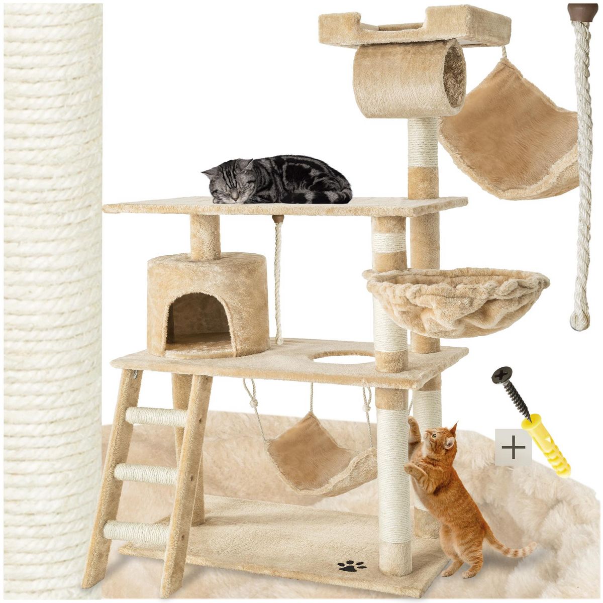tectake Arbre à chat 141 cm avec griffoir et plateforme d'escalade beige