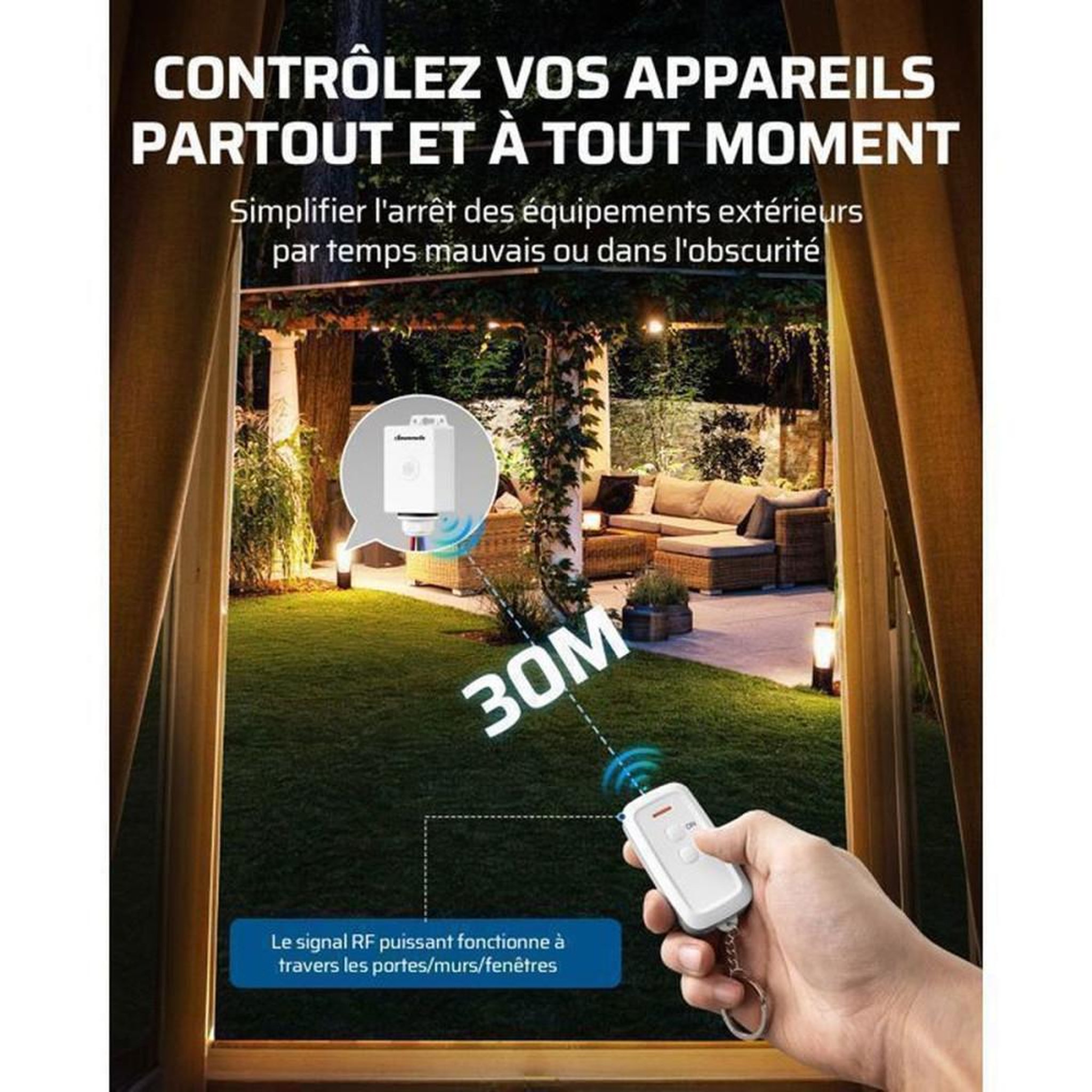 Voir la diapositive 3 : Interrupteur sans fil extérieur 433,92 MHz avec télécommande IP65 230 V 3000 W portée 30 m