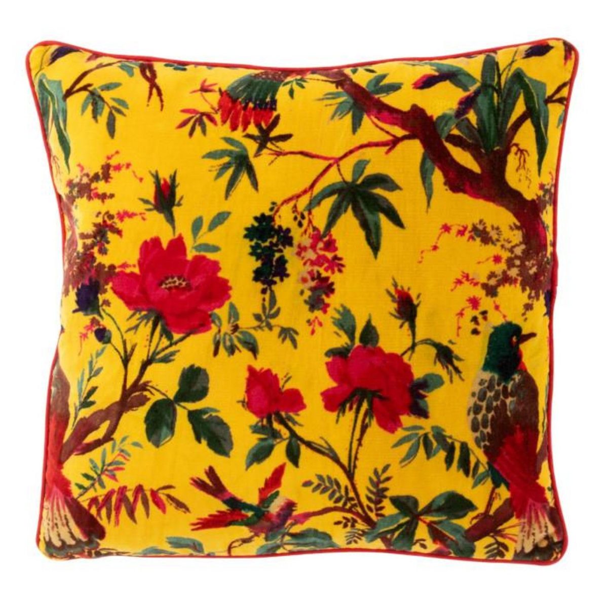 Paris Prix Coussin Déco en Velours  Oiseaux Fleurs  45x45cm Jaune