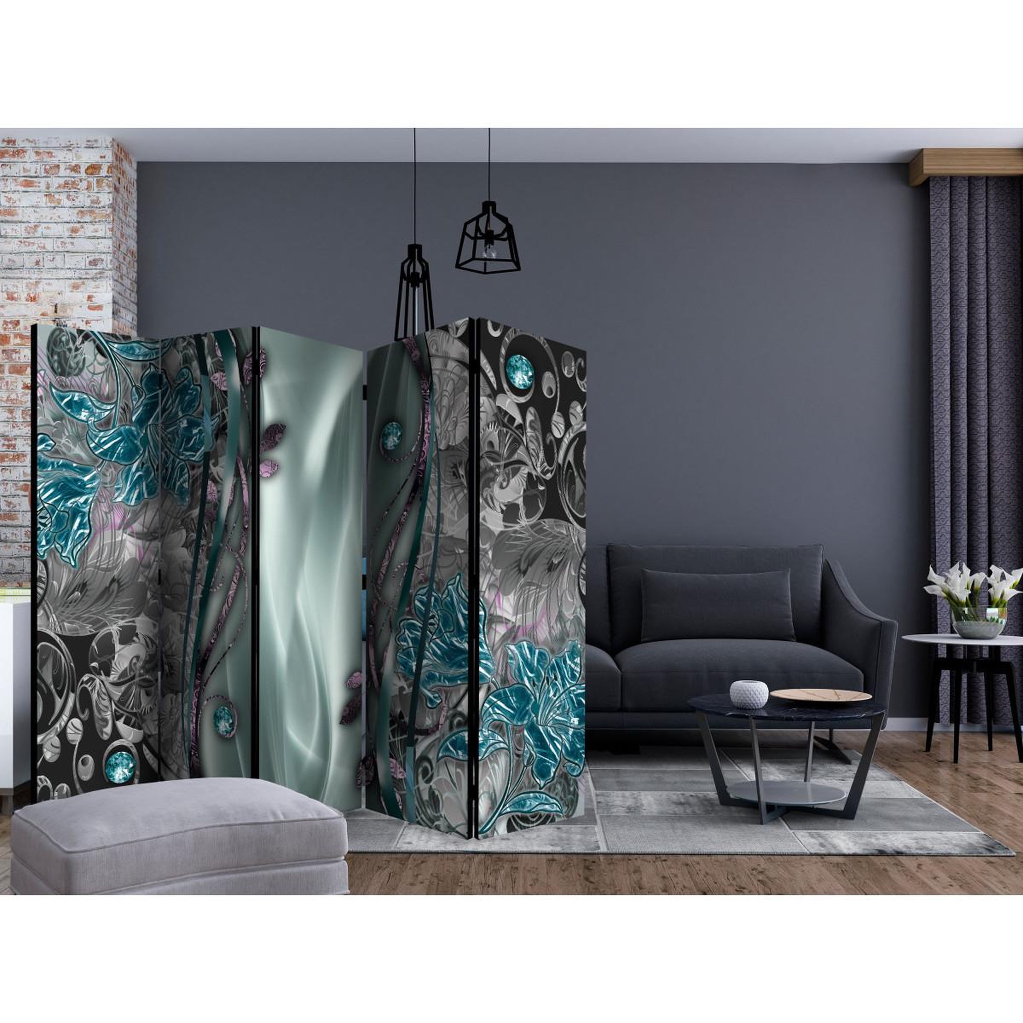Voir la diapositive 2 : Paris Prix Paravent 5 volets  floral curtain turquoise  172x225cm