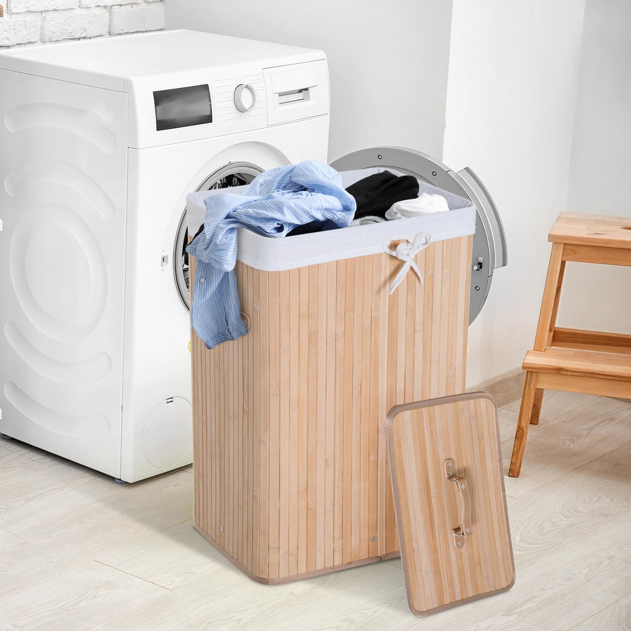 Voir la diapositive 2 : HOMCOM Panier à linge corbeille à linge bac à linge bambou pliable couvercle sac amovible 3 poignées pu 40l x 30l x 60h cm beige
