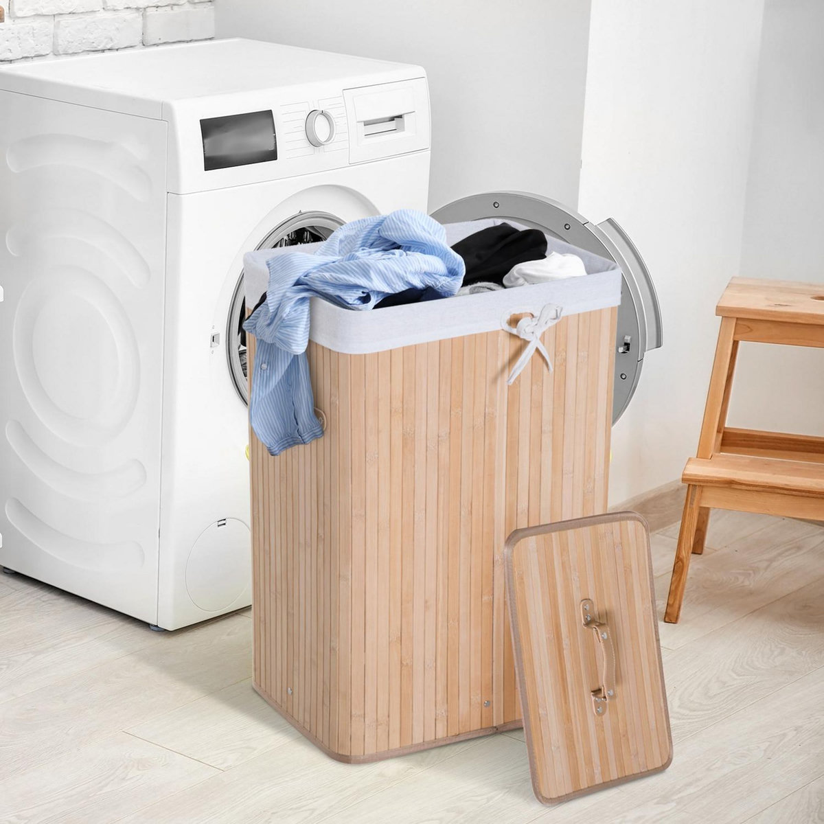 HOMCOM Panier à linge corbeille à linge bac à linge bambou pliable couvercle sac amovible 3 poignées PU 40L x 30l x 60H cm beige