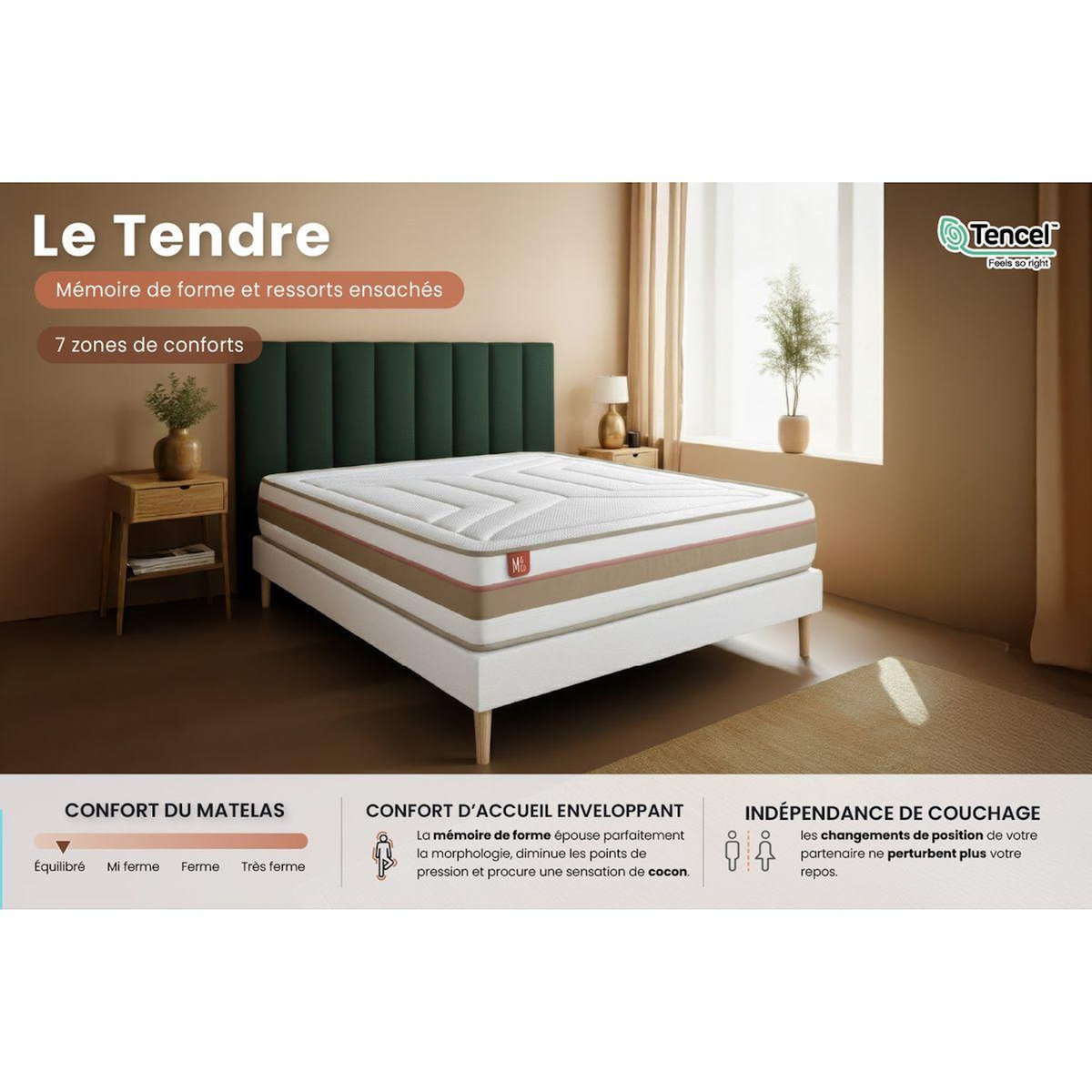 MARMOTTES&CO Ensemble LE TENDRE 90x190cm Ressorts ensachés + Mémoire de forme 7 zones de confort - Ep. 28cm + sommier Beige