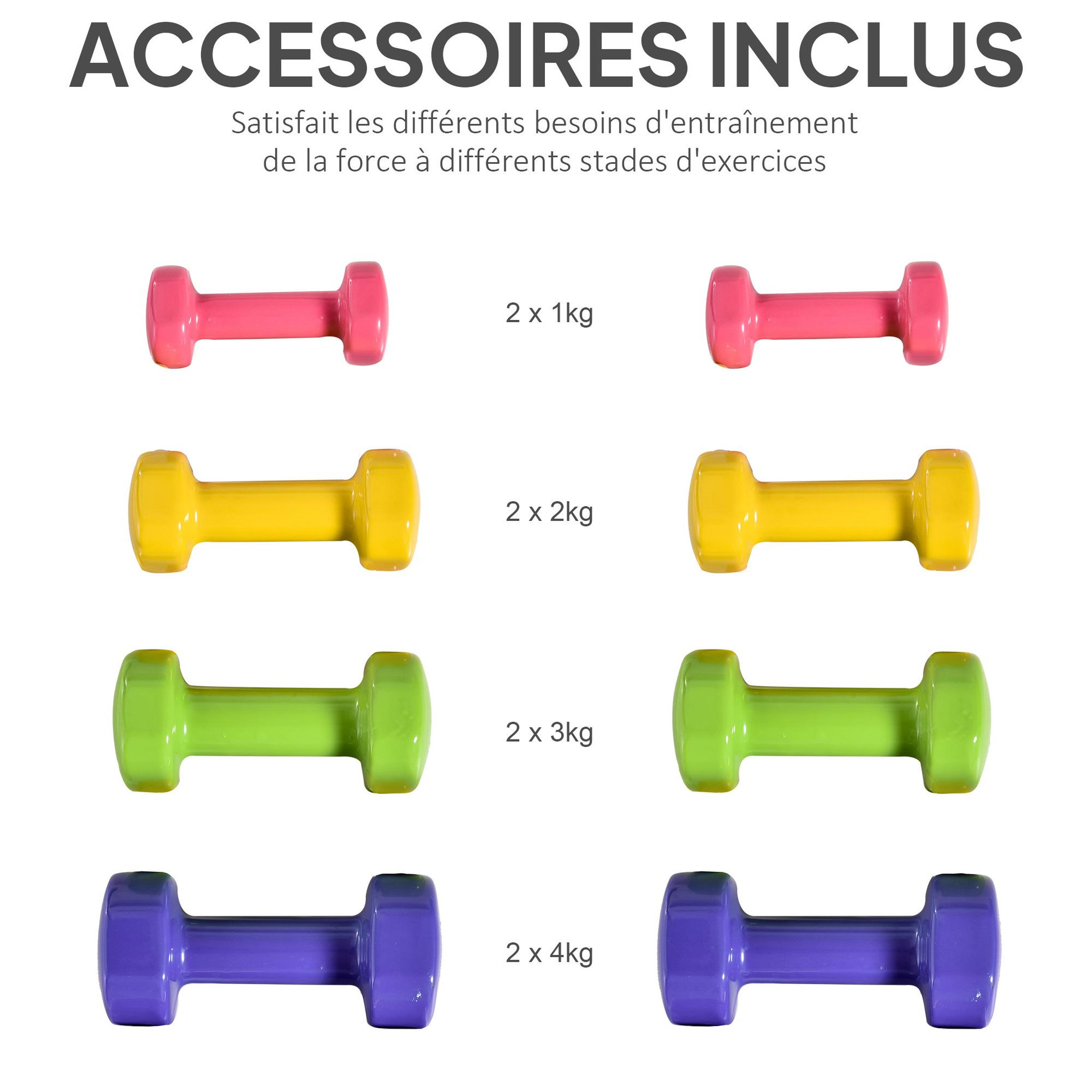Voir la diapositive 4 : HOMCOM Ensemble d'haltères hexagonales total 20 kg 8 pièces 1-4 kg acier pu multicolore