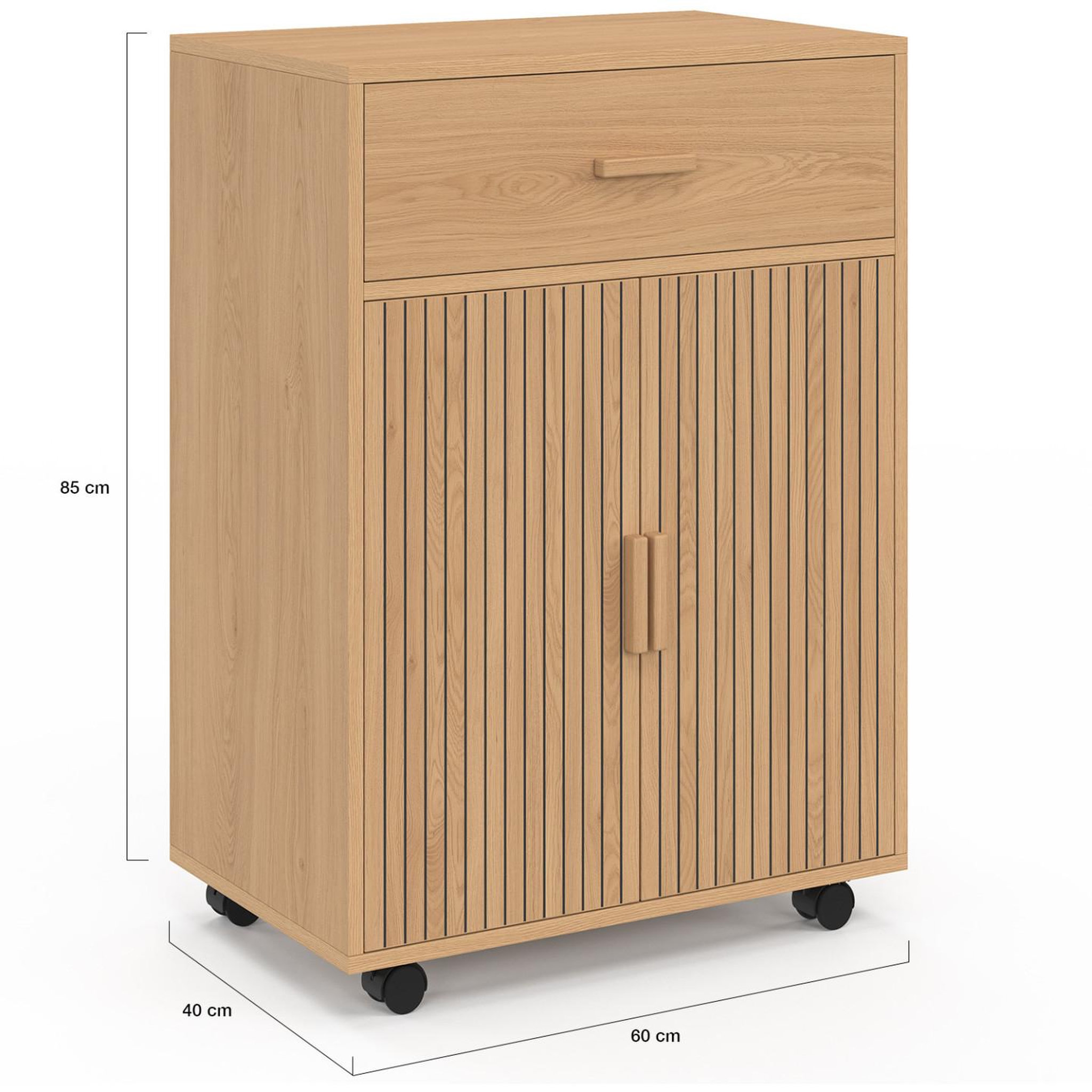 Voir la diapositive 5 : ID MARKET Desserte de cuisine juliette placard avec tiroir effet lattes tasseau bois l.60 cm
