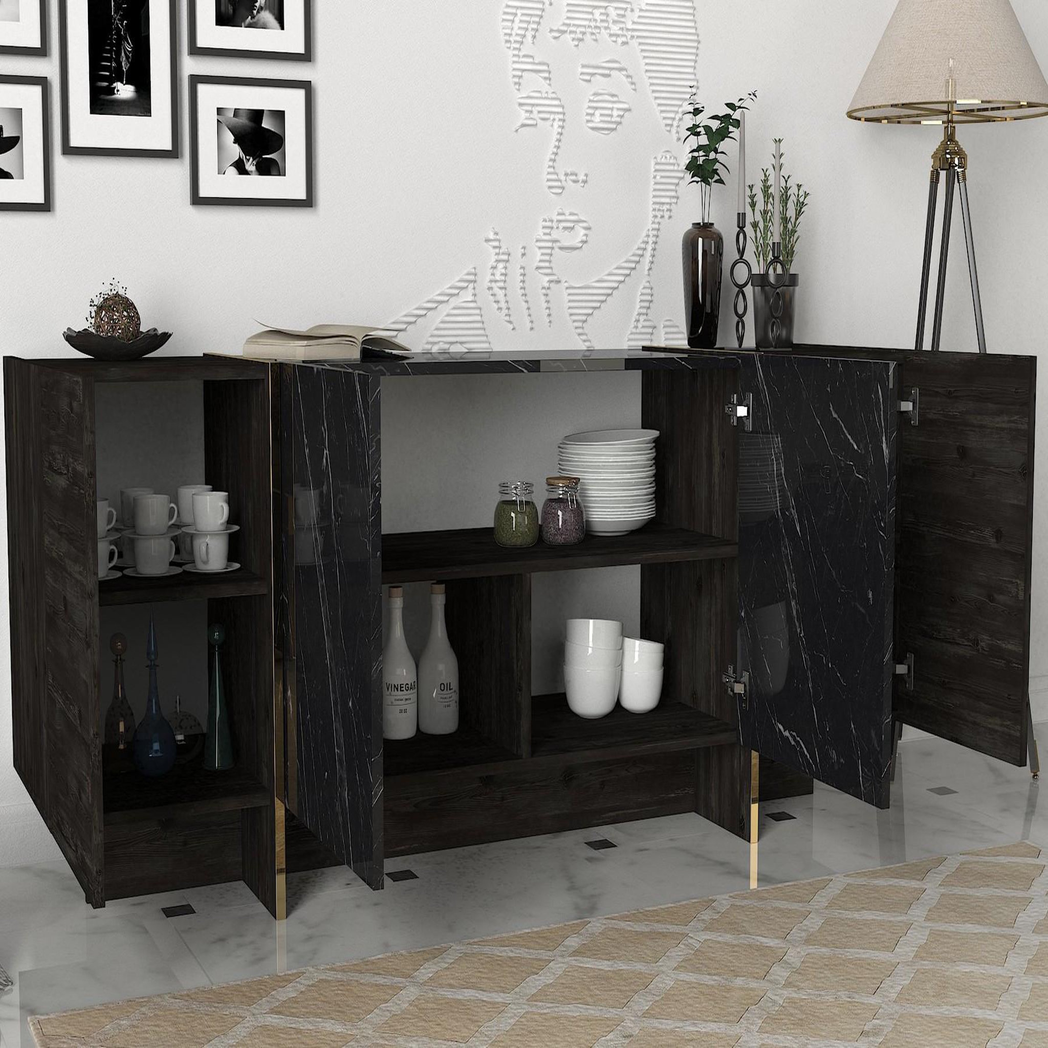 Voir la diapositive 4 : Habitat et Jardin Buffet en bois  veyron  - 180 x 46 x 75 cm - noir or