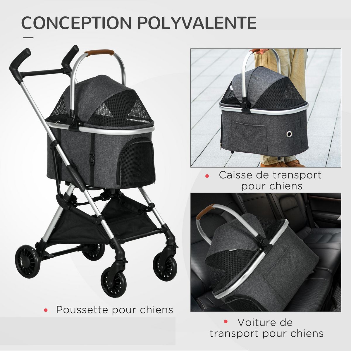 PAWHUT Poussette pour chien pliable nacelle 2 en 1 - habillage pluie, panier, poignée, housse réglable - alu oxford gris