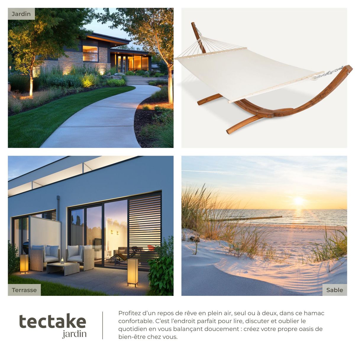 tectake Hamac sur pied avec structure en bois pour 2 personnes blanc