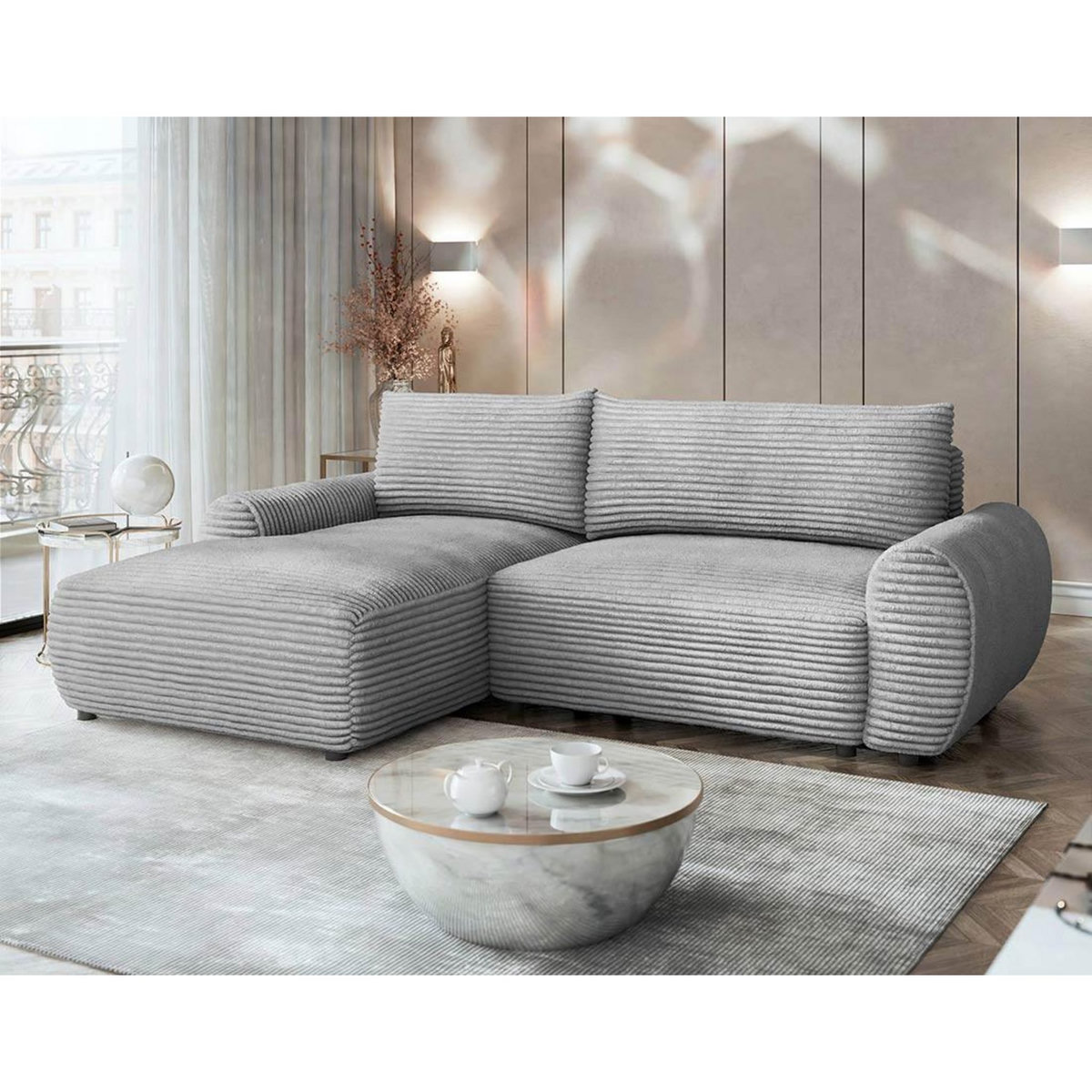 BEST MOBILIER Silvano - canapé d'angle gauche 4 places convertible avec coffre en velours côtelé grosses côtes