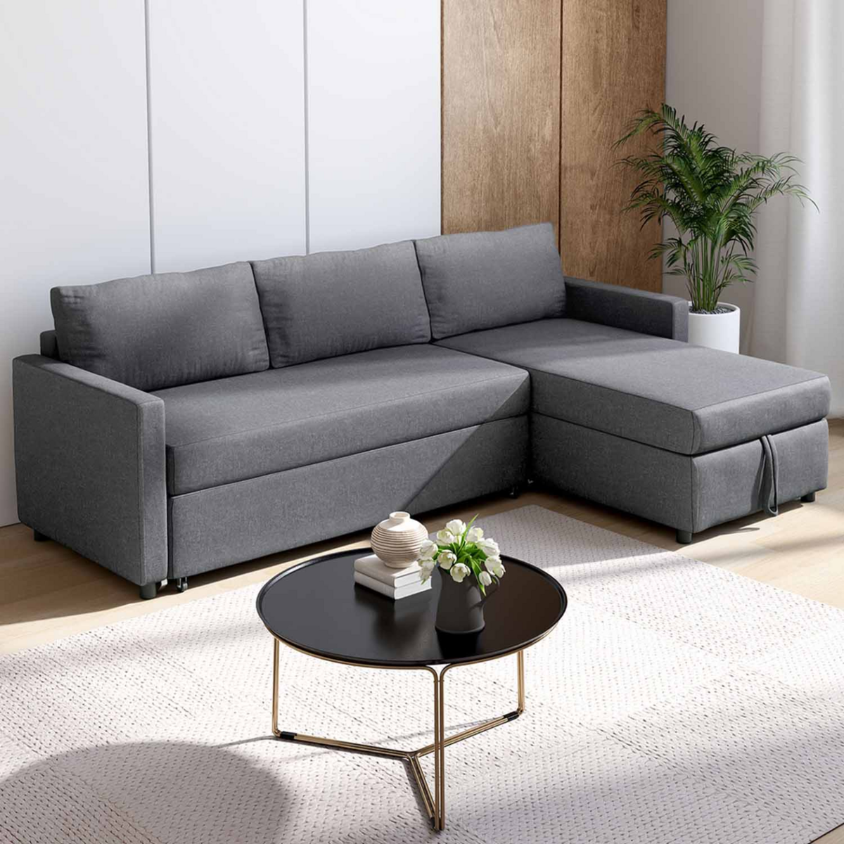 ID MARKET Canapé d'angle convertible NOAH avec méridienne coffre en tissu gris anthracite