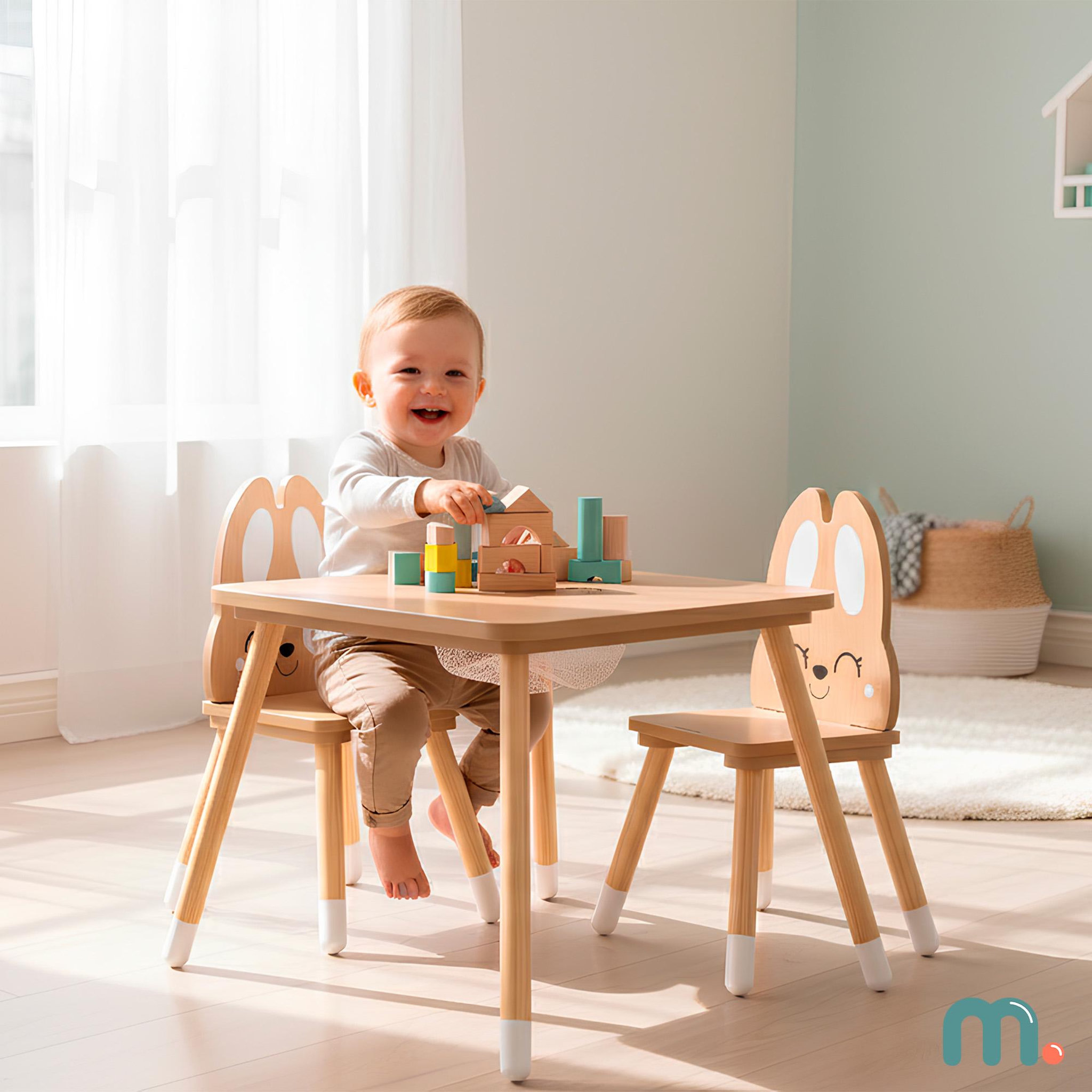 Voir la diapositive 2 : MAMABRUM Table Enfant Bois avec Rangement + 2 Chaises Lapin – Bureau Enfant avec Coffre Jouets