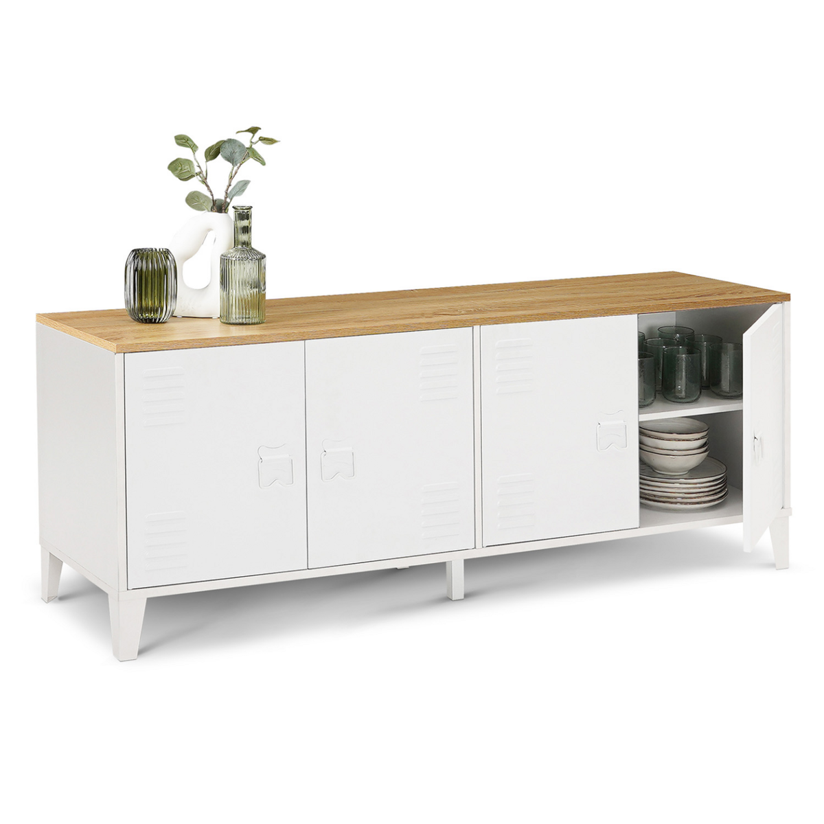 ID MARKET Buffet bas 140 cm ESTER 4 portes métal blanc plateau bois design industriel