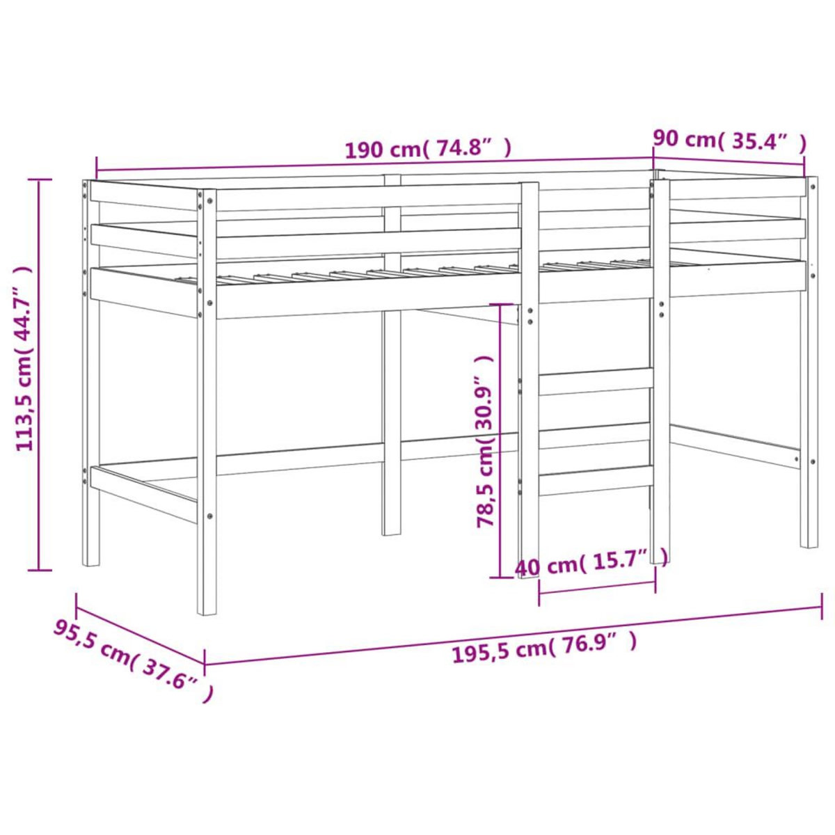 VIDAXL Lit mezzanine enfants avec rideaux sans matelas rose 90x190 cm
