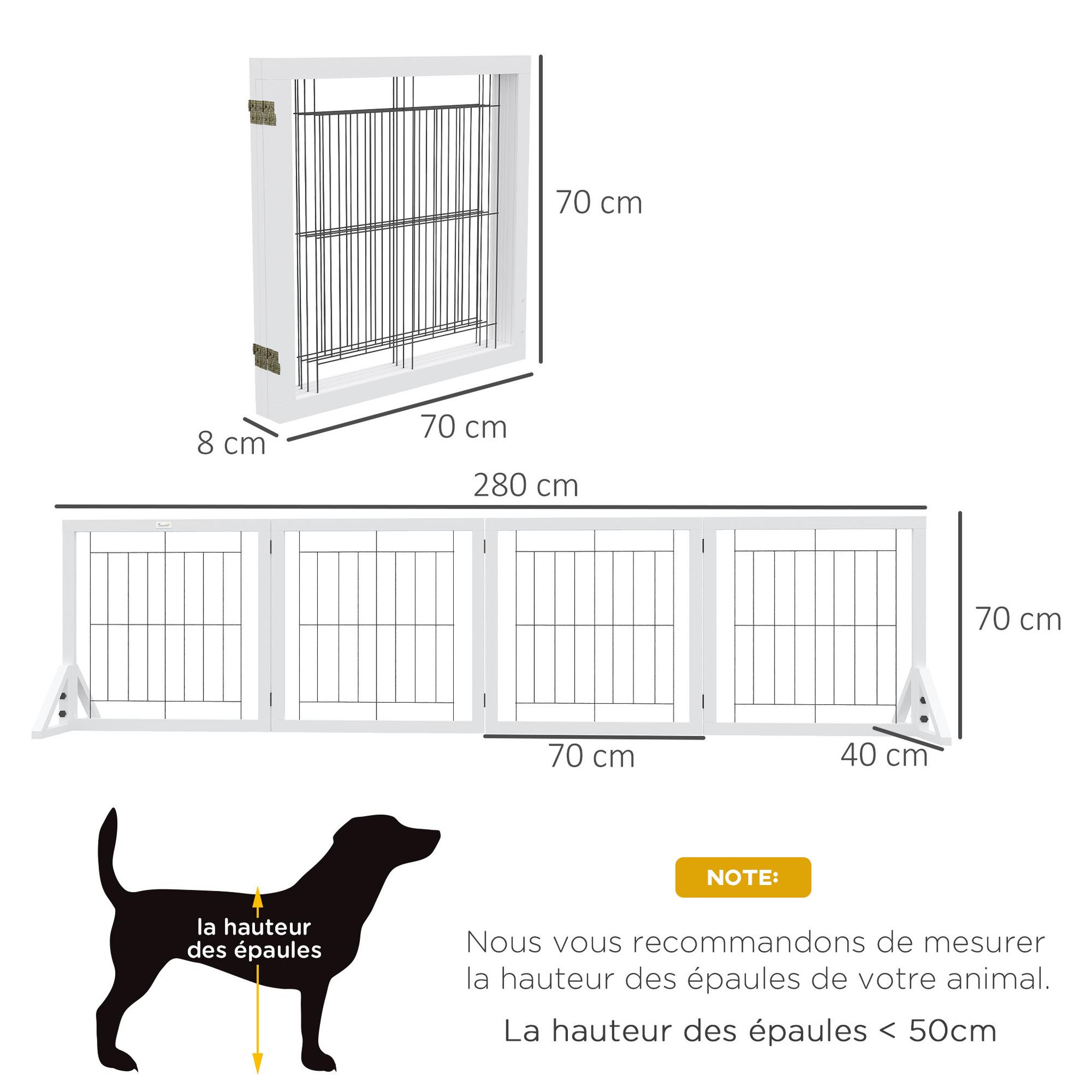 Voir la diapositive 3 : PAWHUT Barrière de sécurité pour animaux autoportante - barrière modulable pliable 4 panneaux - 2 pieds support - acier noir bois blanc