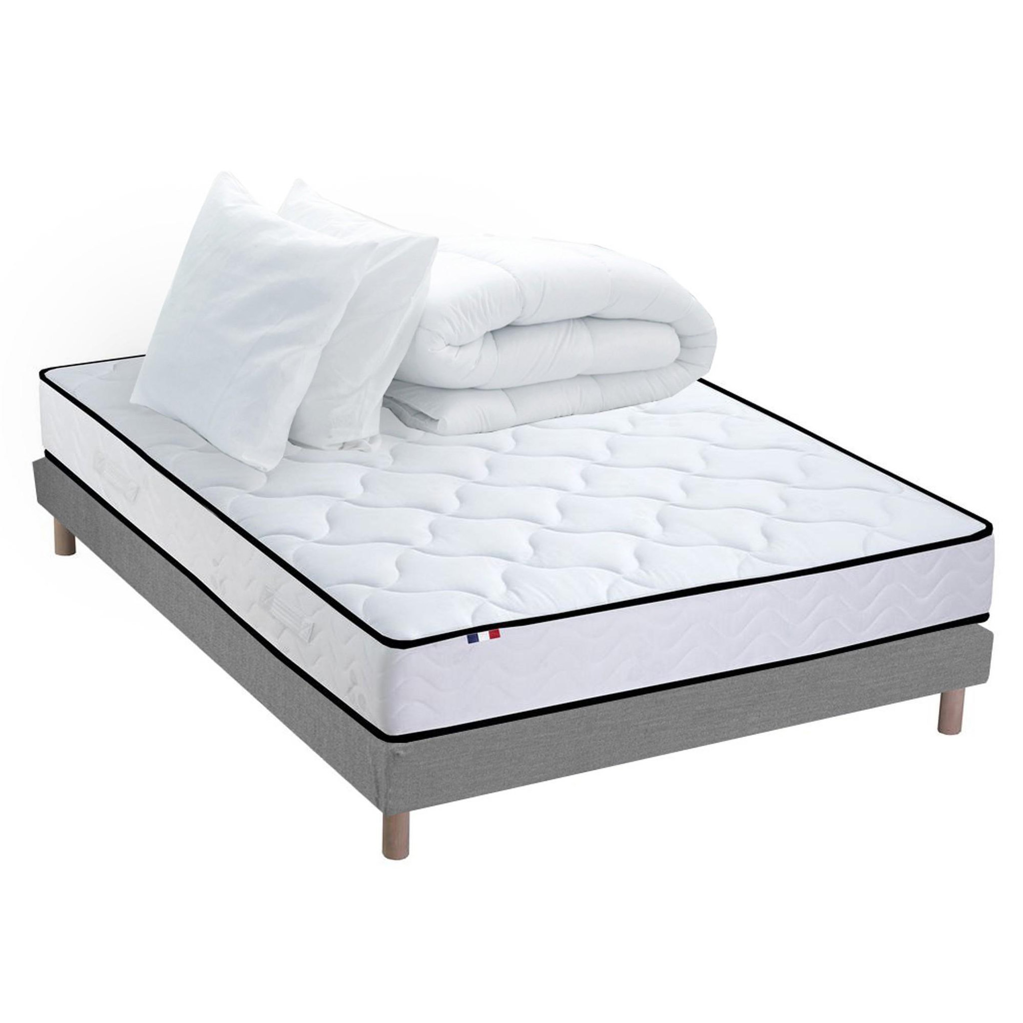 IDLITERIE Pack Ensemble Matelas Ressorts + Mémoire de forme + sommier + couette + oreillers ELOISE Made in France 140 x 190 Sommier Gris chiné