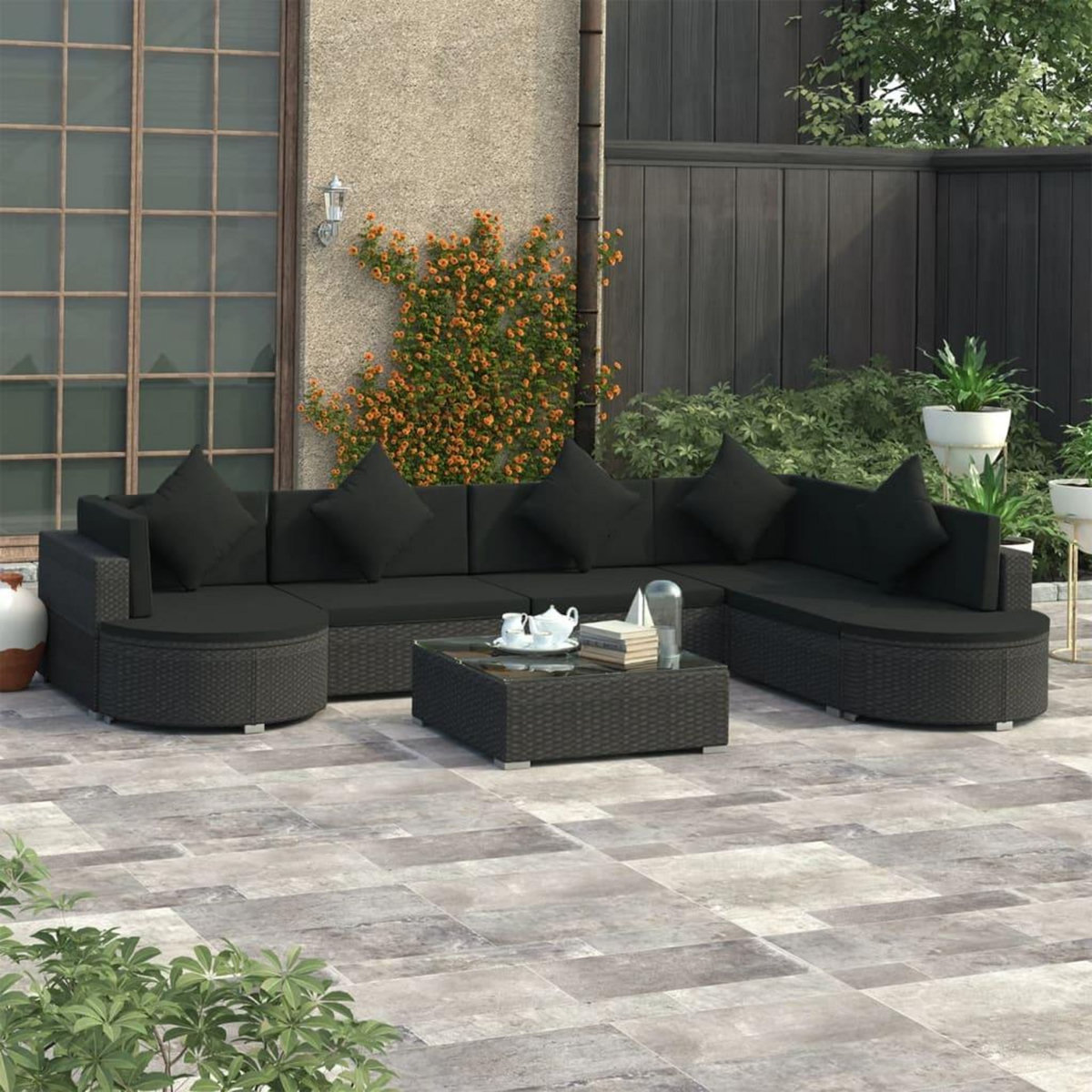 VIDAXL Salon de jardin 8 pcs avec coussins resine tressee noir