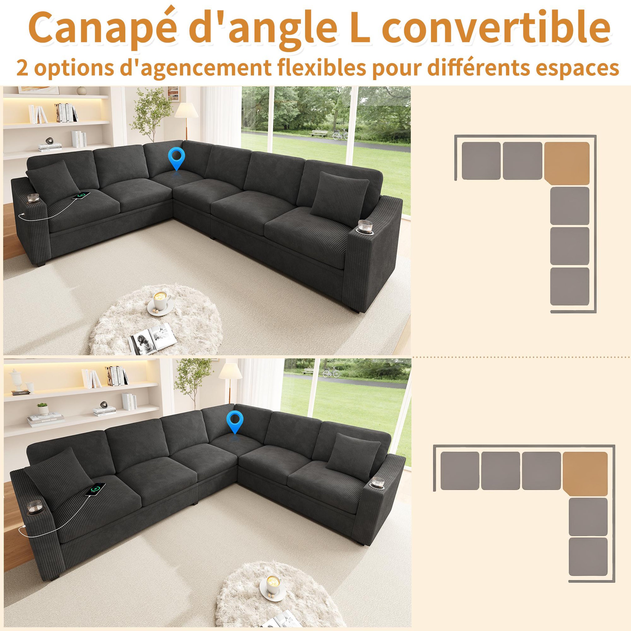 Voir la diapositive 6 : MERAX Canapé d'angle modulable 6 places avec usb type-c porte-gobelets tissu côtelé