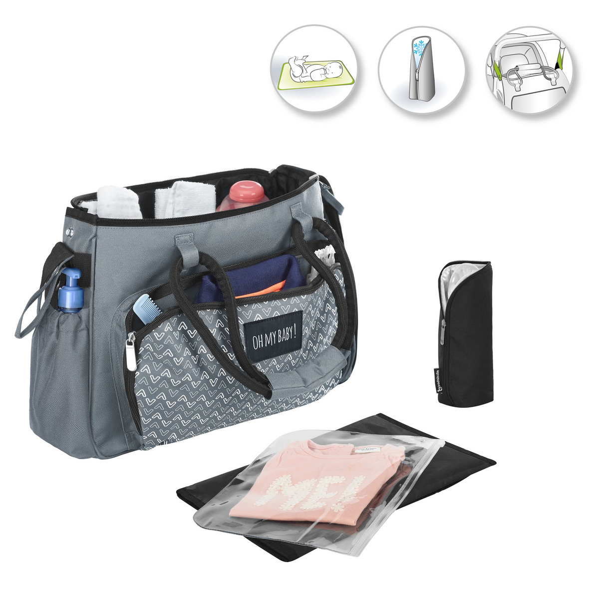 BADABULLE Sac à langer multipoches gris BOHO 