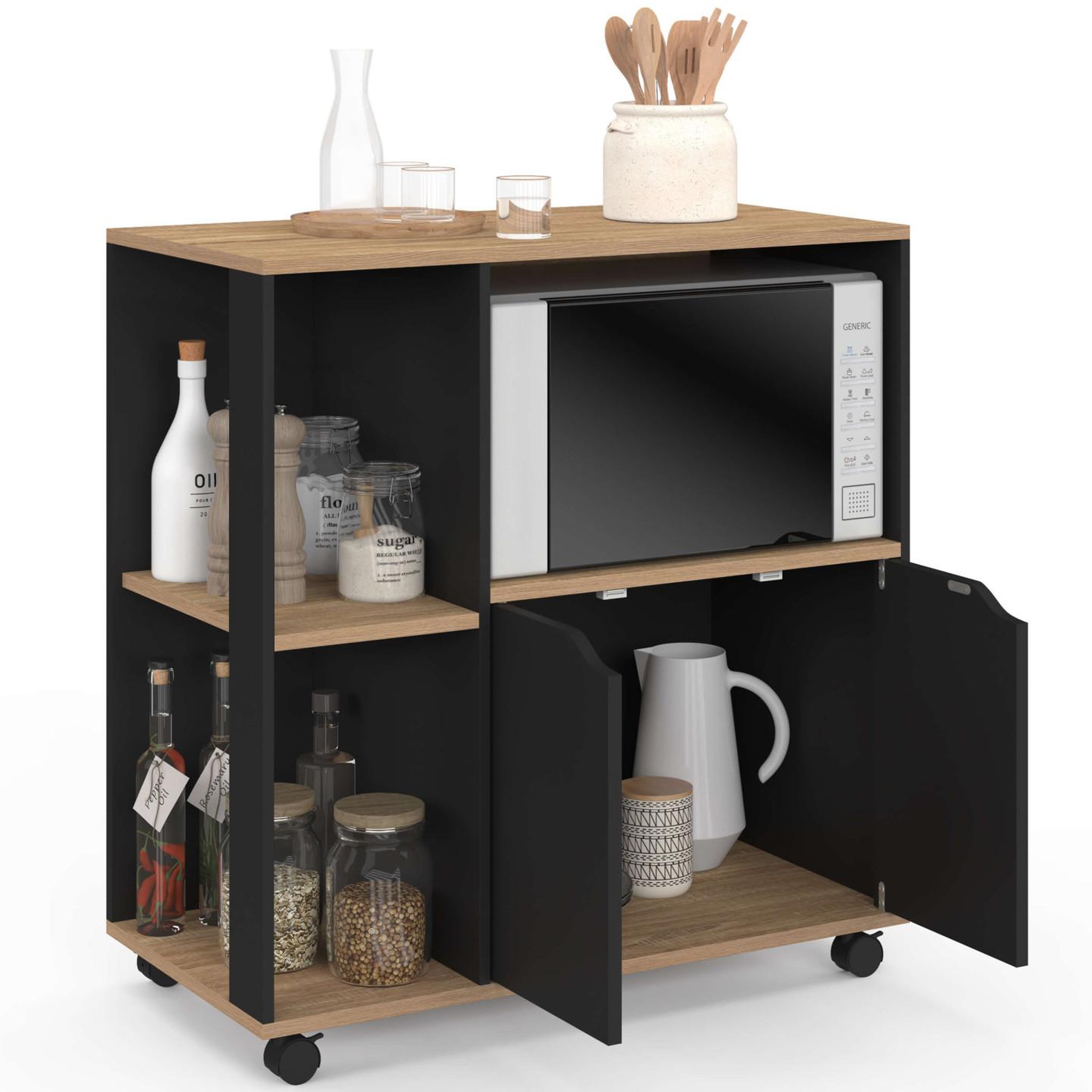 Voir la diapositive 4 : ID MARKET Desserte de cuisine cosi bois noir et plateaux façon hêtre l.76 cm