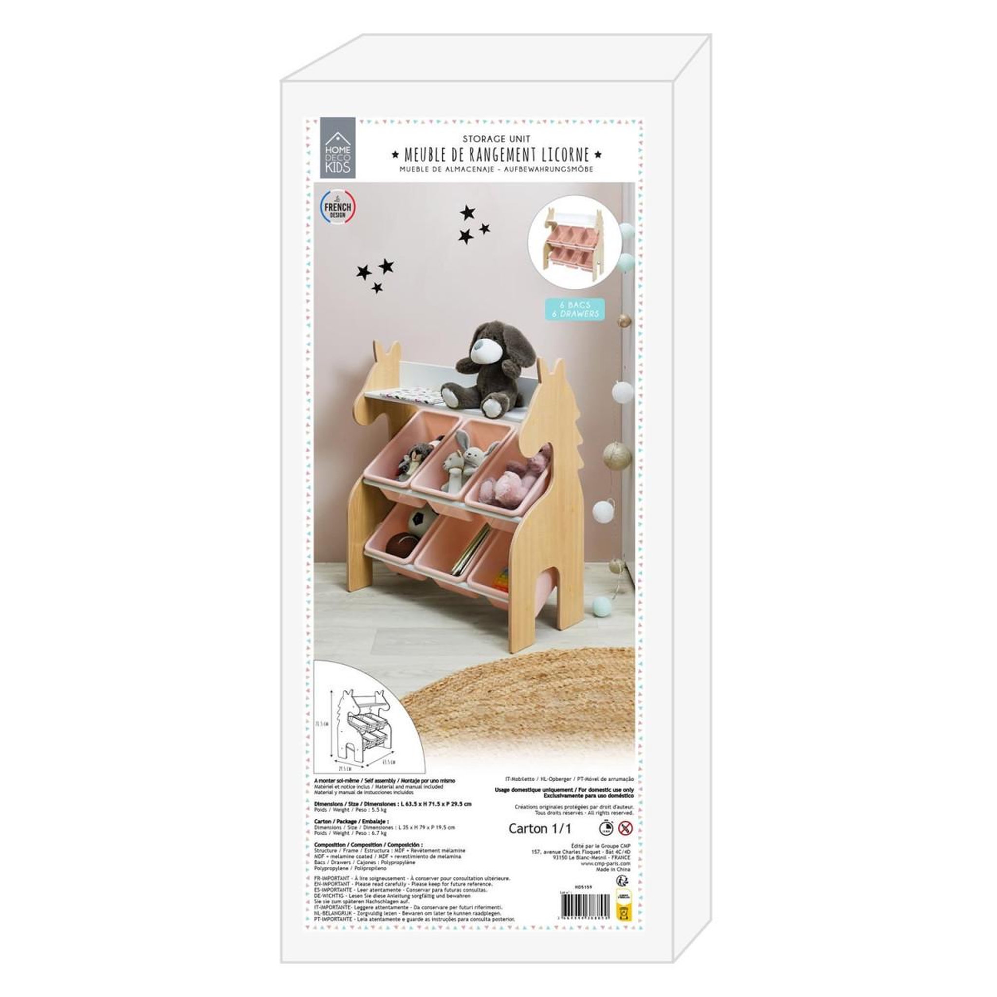 Voir la diapositive 5 : HOME DECO KIDS Meuble de rangement 6 bacs  licorne  71cm rose