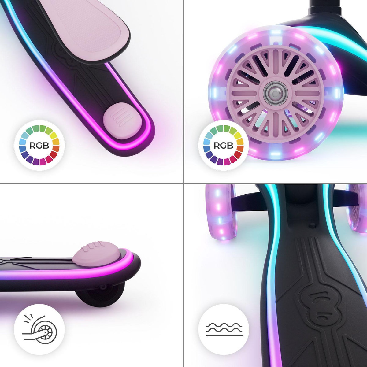 KINDERKRAFT Trottinette Kinderkraft RAKET UP 2-en-1 avec siège réglable, roues RGB LED, plateau lumineux, pliable dès bébé, Rose