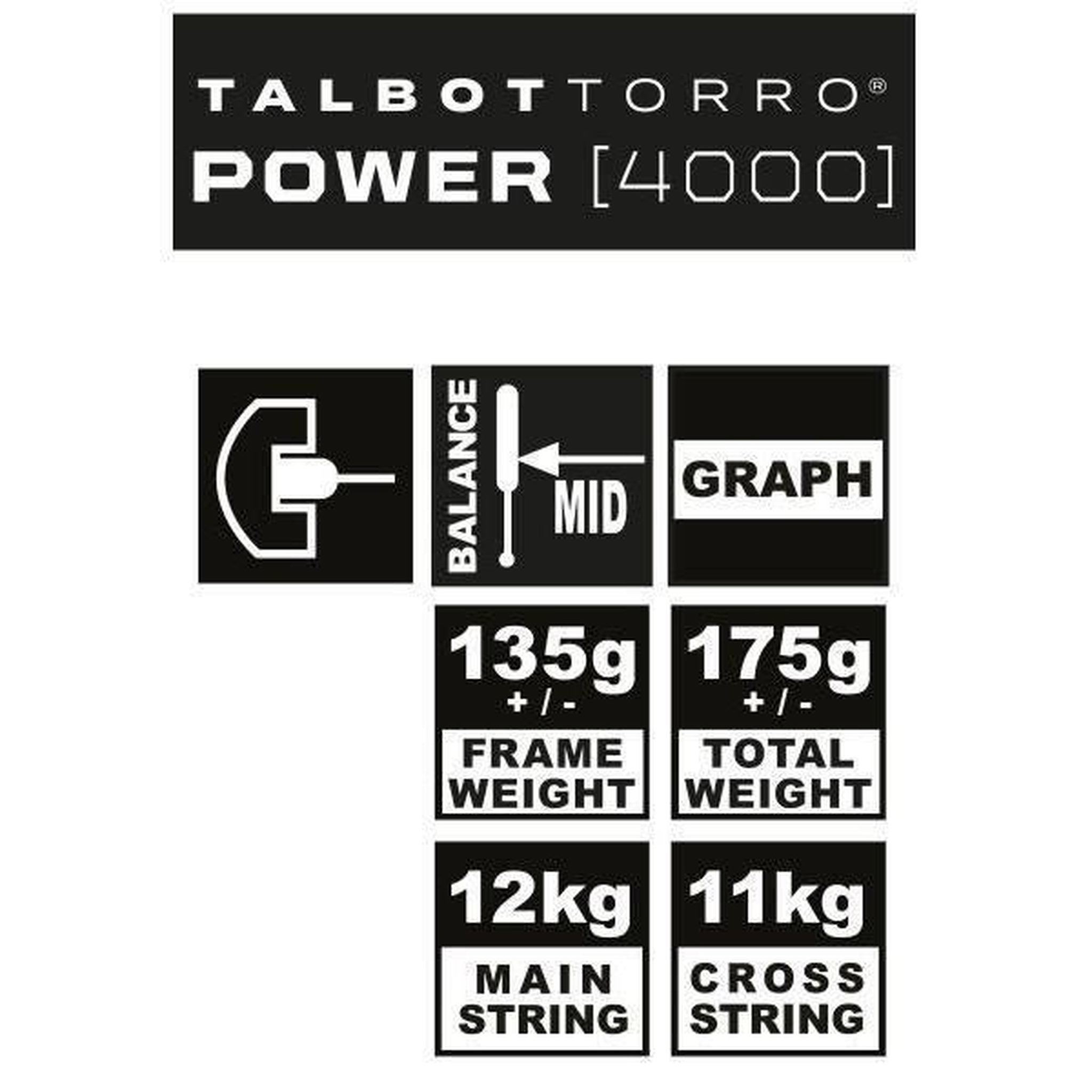Voir la diapositive 6 : SCHILDKROT Raquette de squash - TALBOT TORRO - POWER 4000 - Profil en U - Cordage US 500 - Tete 480cm² - Cadre 18.2mm/135g - 175g