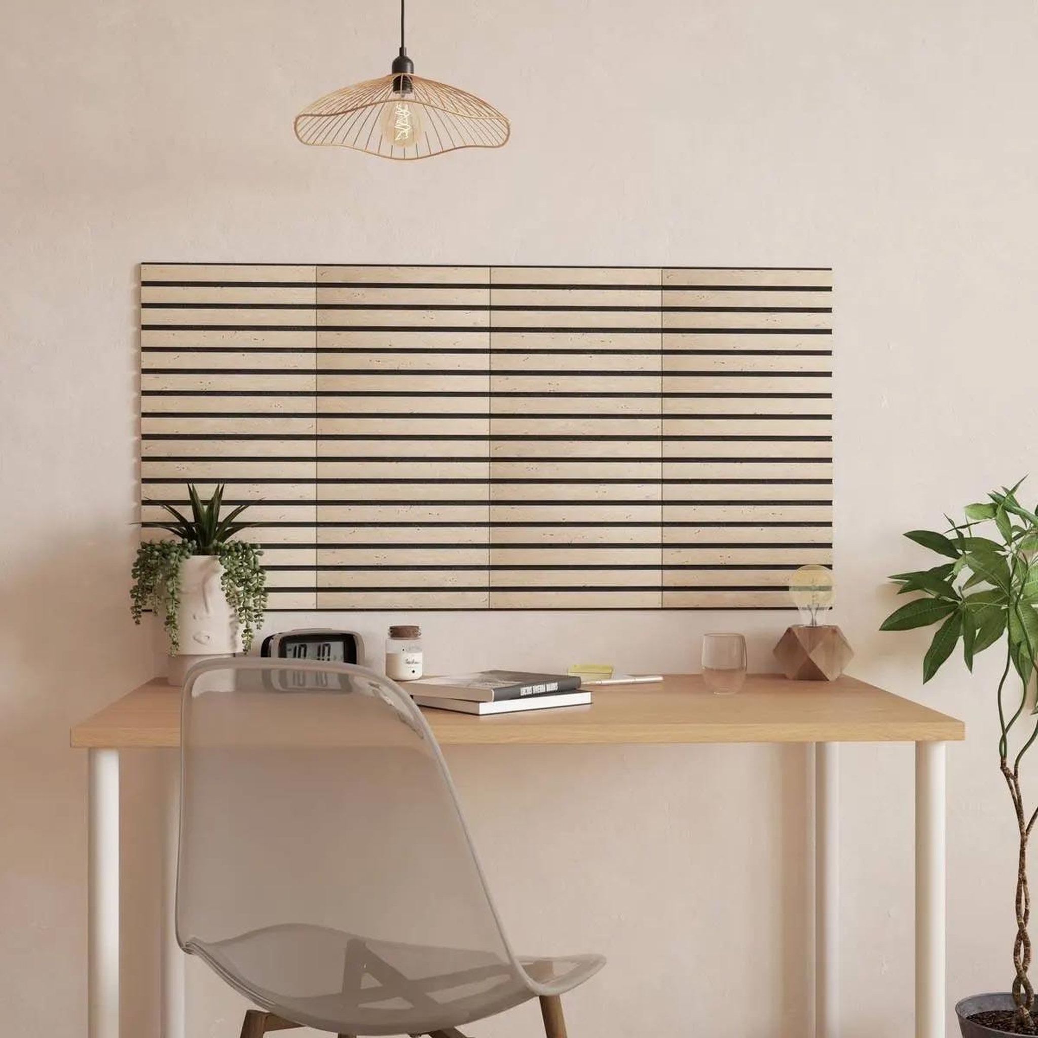 Voir la diapositive 4 : ATMOSPHERA Lot de 2 panneaux acoustiques adhésifs effet travertin  ribo  30x30cm marron
