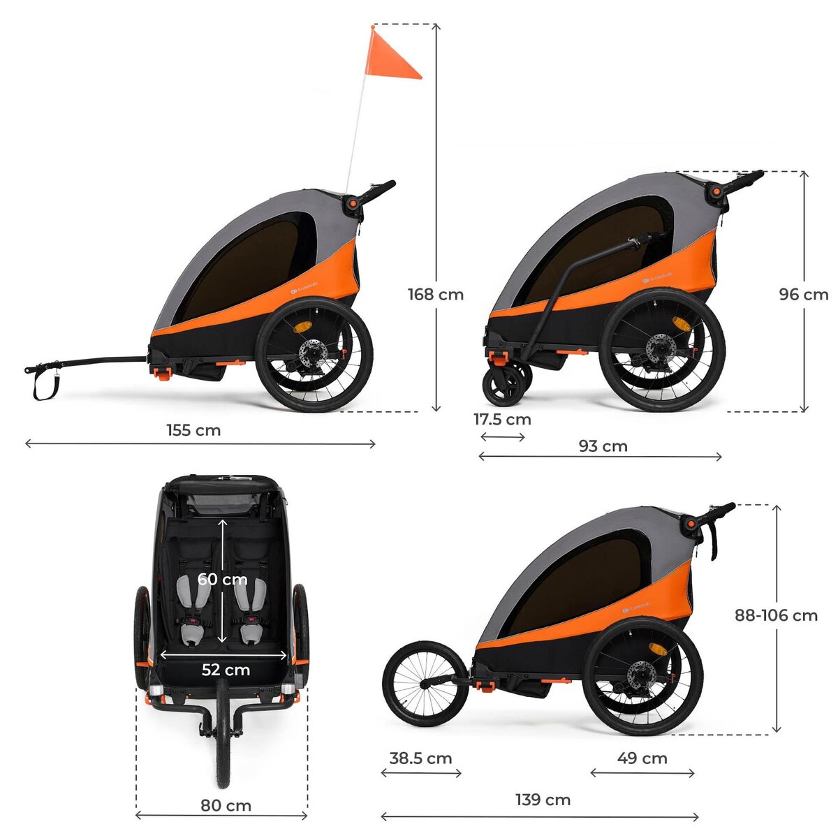 KINDERKRAFT Remorque vélo enfant 3 en 1 convertible