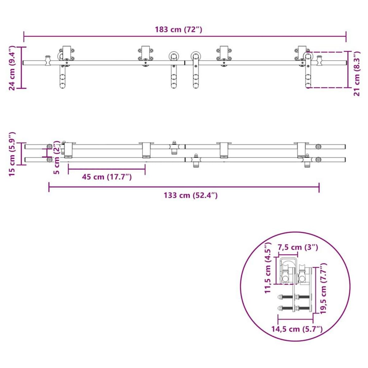 VIDAXL Kit fixation porte coulissante 183 cm Acier inoxydable Argente