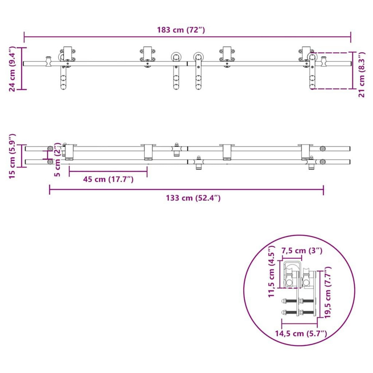 VIDAXL Kit fixation porte coulissante 183 cm Acier inoxydable Argente