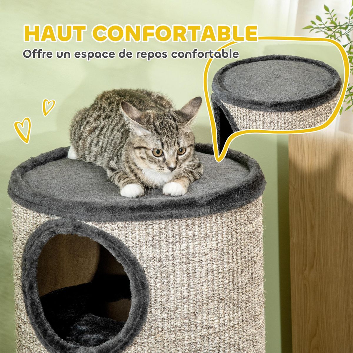 PAWHUT Arbre à chat cylindrique - tour à griffer pour chat - tonneau griffoir - 3 niveaux + plateforme - sisal peluche anthracite