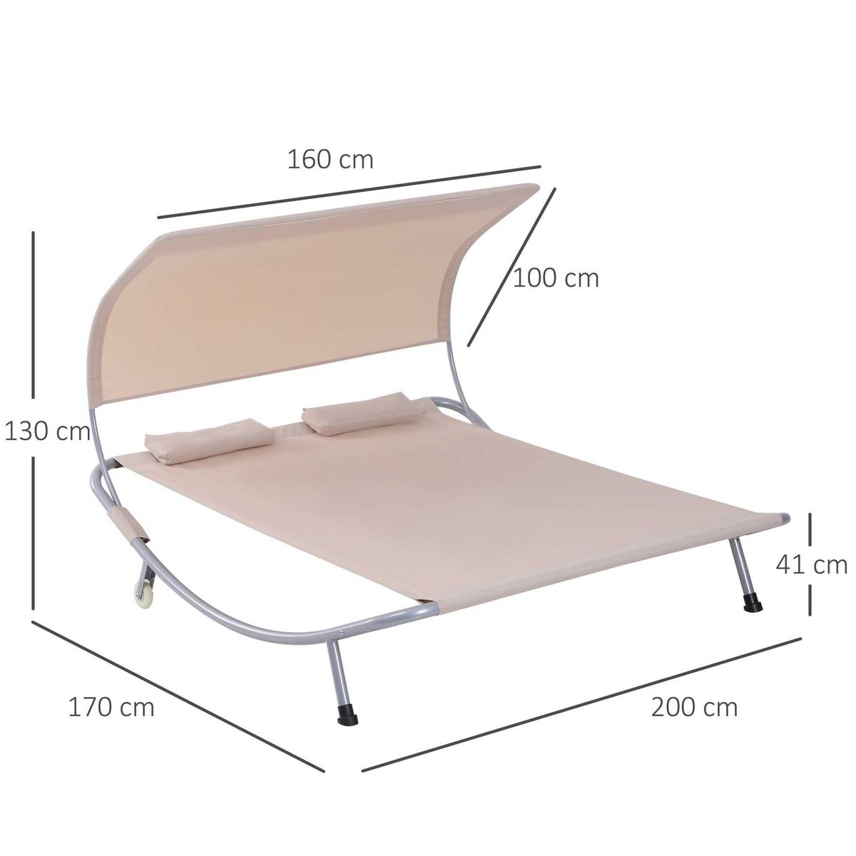 OUTSUNNY Bain de soleil 2 places lit de jardin design contemporain toit réglable 2 roulettes 2 oreillers acier époxy polyester sable