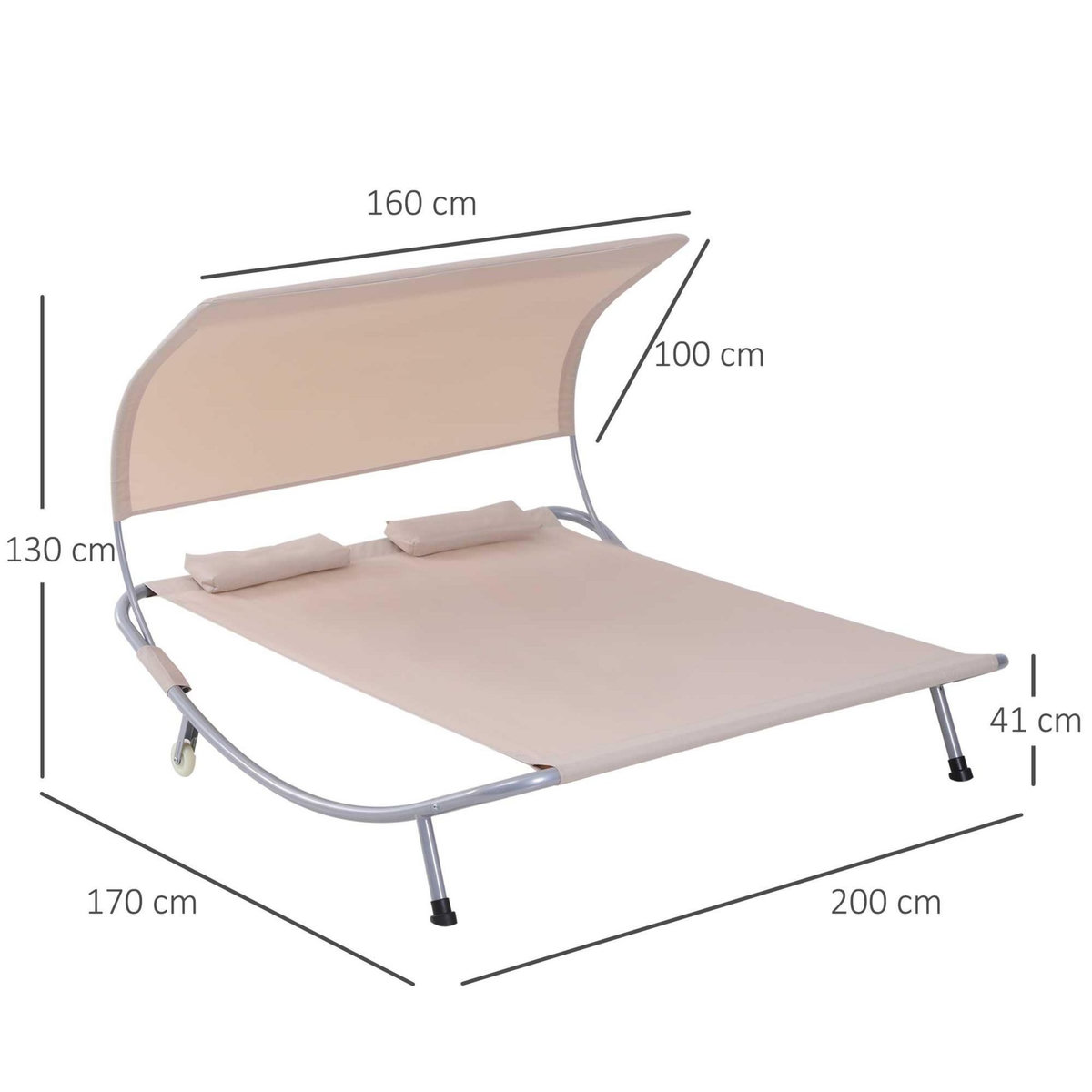 OUTSUNNY Bain de soleil 2 places lit de jardin design contemporain toit réglable 2 roulettes 2 oreillers acier époxy polyester sable