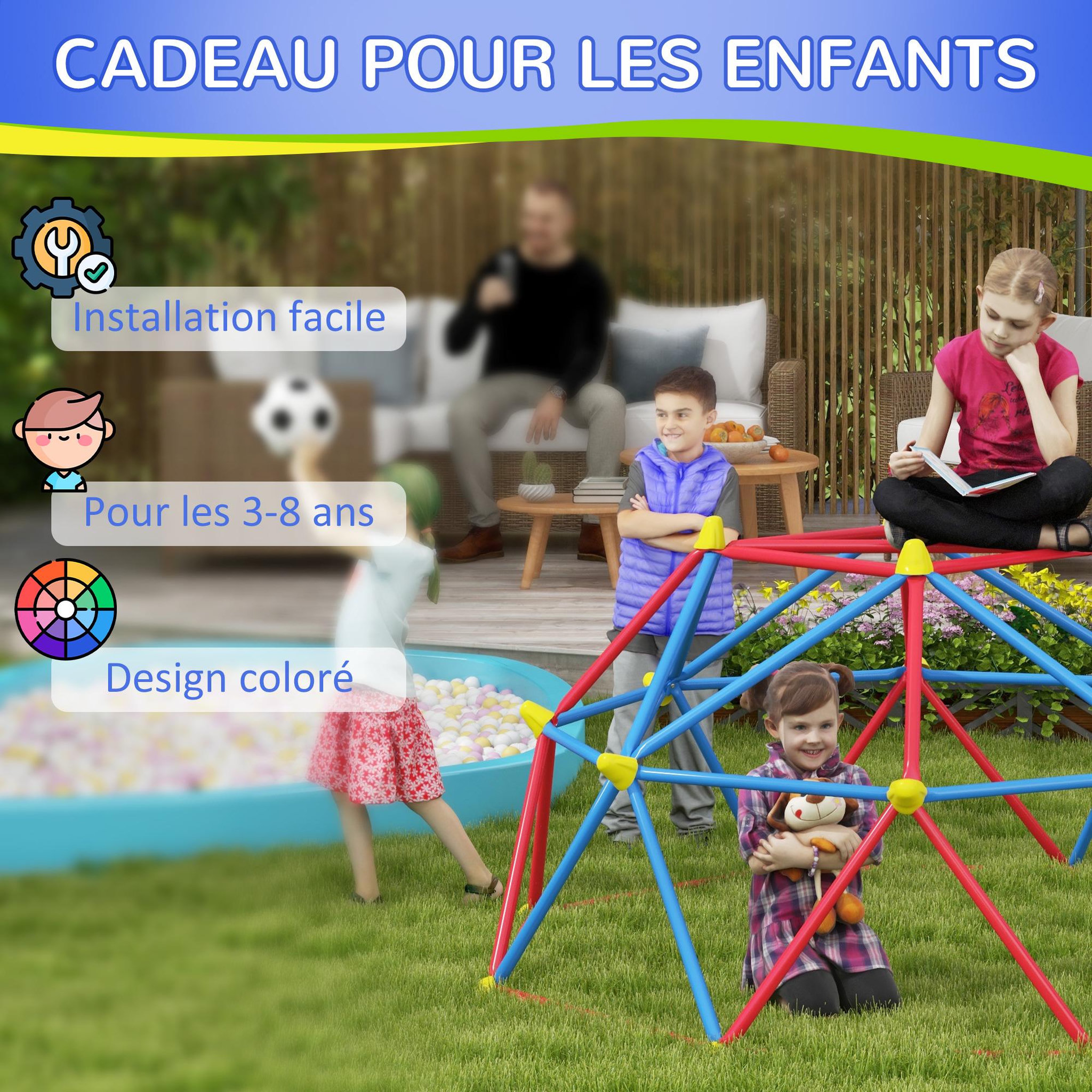 Voir la diapositive 6 : OUTSUNNY Dôme d'escalade enfant Ø 183 x 90H cm - nombreuses prises - charge max. reco. totale 180 Kg - métal PP multicolore