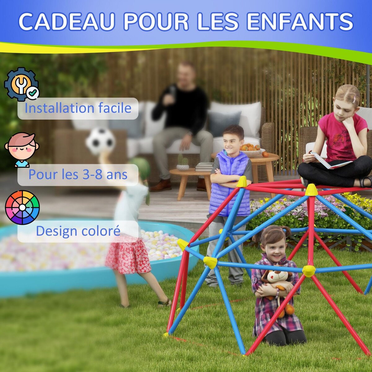 OUTSUNNY Dôme d'escalade enfant Ø 183 x 90H cm - nombreuses prises - charge max. reco. totale 180 Kg - métal PP multicolore
