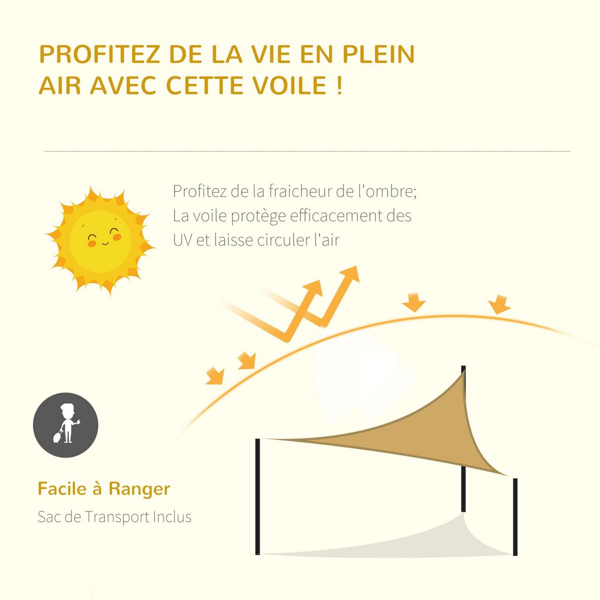 OUTSUNNY Voile d'ombrage triangulaire grande taille 5 x 5 x 5 m polyéthylène haute densité résistant aux UV sable