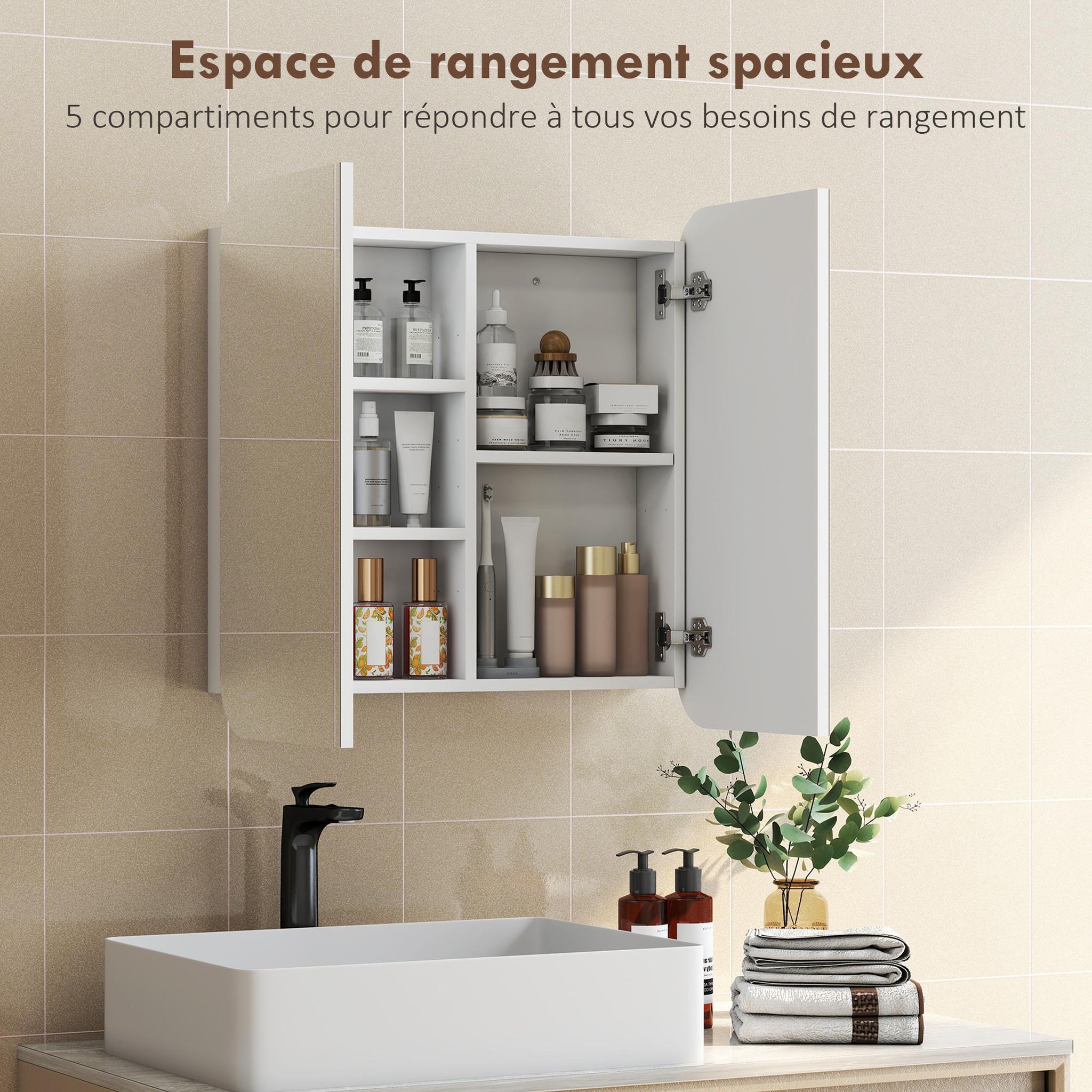 Voir la diapositive 4 : HOMCOM Armoire miroir murale salle de bain design arqué 2 portes dim. 68 x 13 x 66 cm blanc
