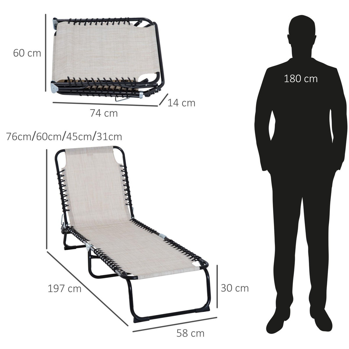 OUTSUNNY Bain de soleil transat pliable dossier inclinable multi-positions acier thermoplastique lacets élastiques noir textilène crème