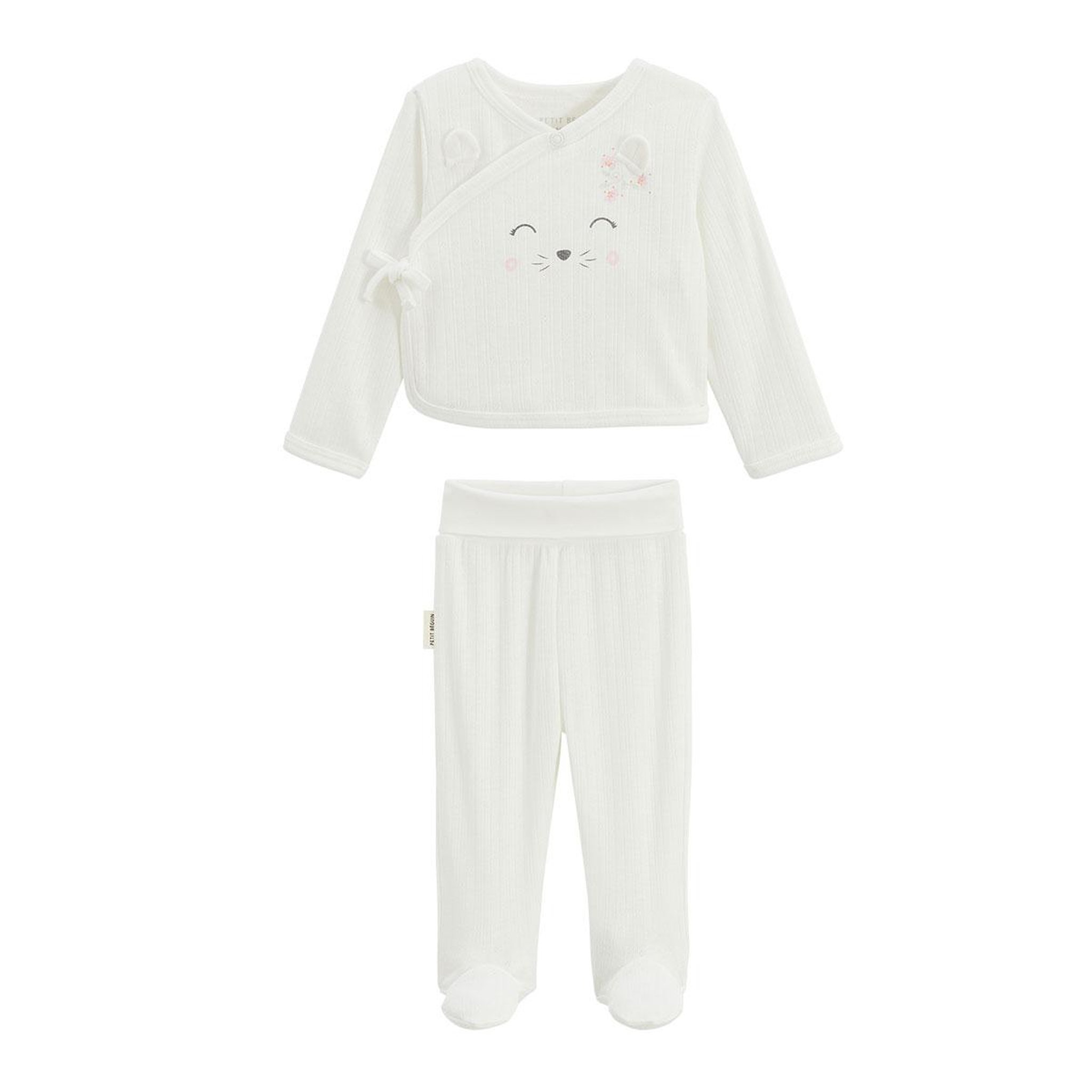 Petit Béguin Ensemble bébé gilet et pantalon à pied en pointelle badian. Coloris disponibles : Beige