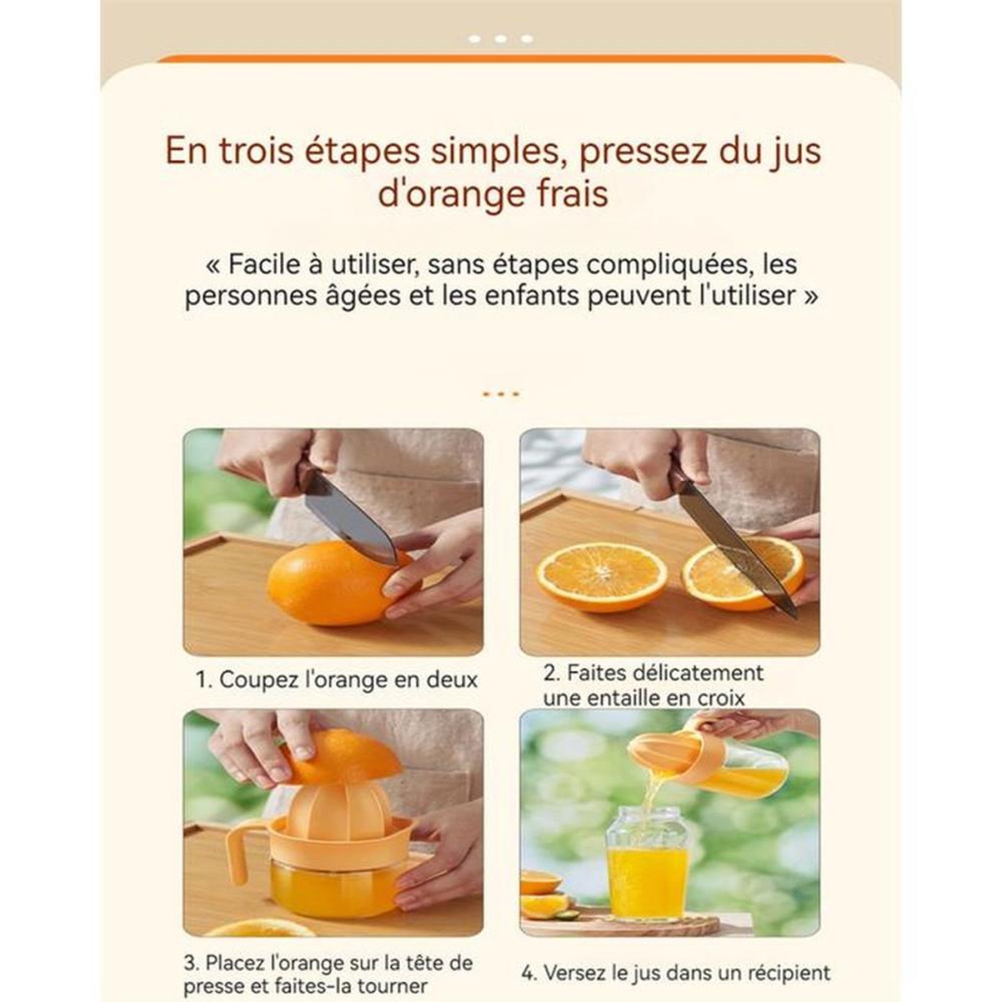 Voir la diapositive 6 : Presse-agrumes manuel en acier inox et PP, capacité 0,45 L, format compact 17,5 cm, compatible agrumes (oranges, citrons, mandarines)
