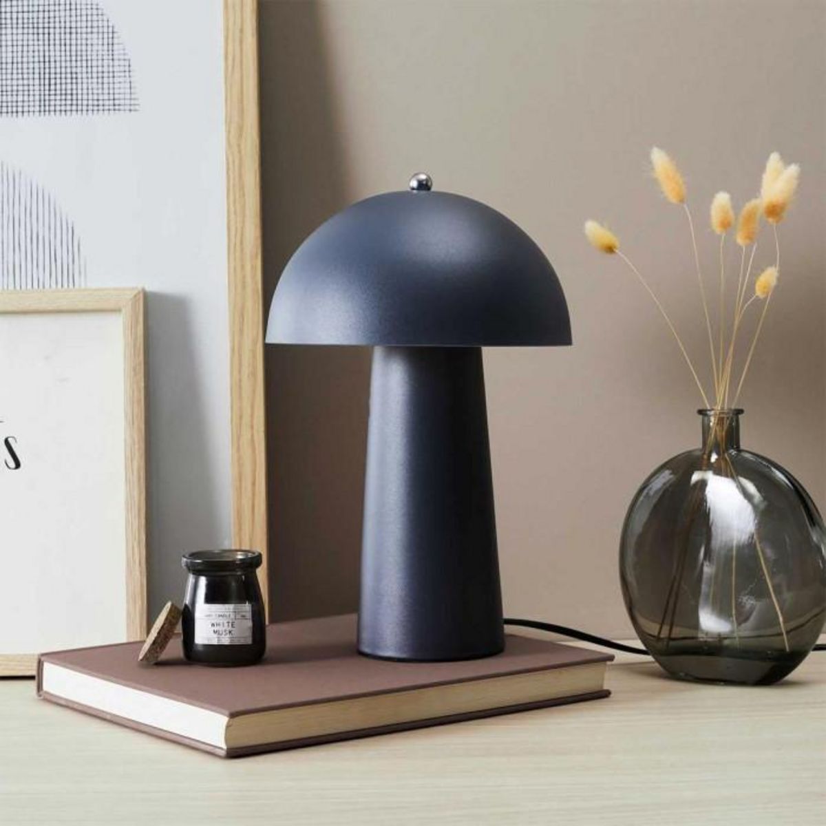 Paris Prix Lampe à Poser Champignon  Vickie  32cm Gris Perle