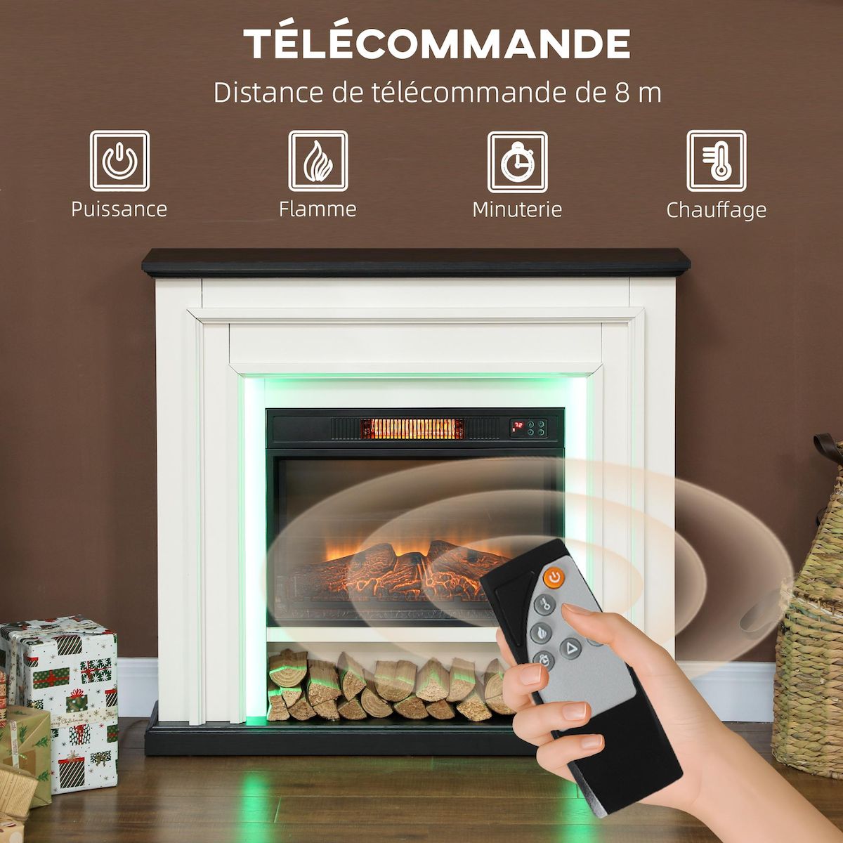 HOMCOM Cheminée électrique LED multicolore design classique grande taille 105 x 27 x 97 cm télécommande blanc noir