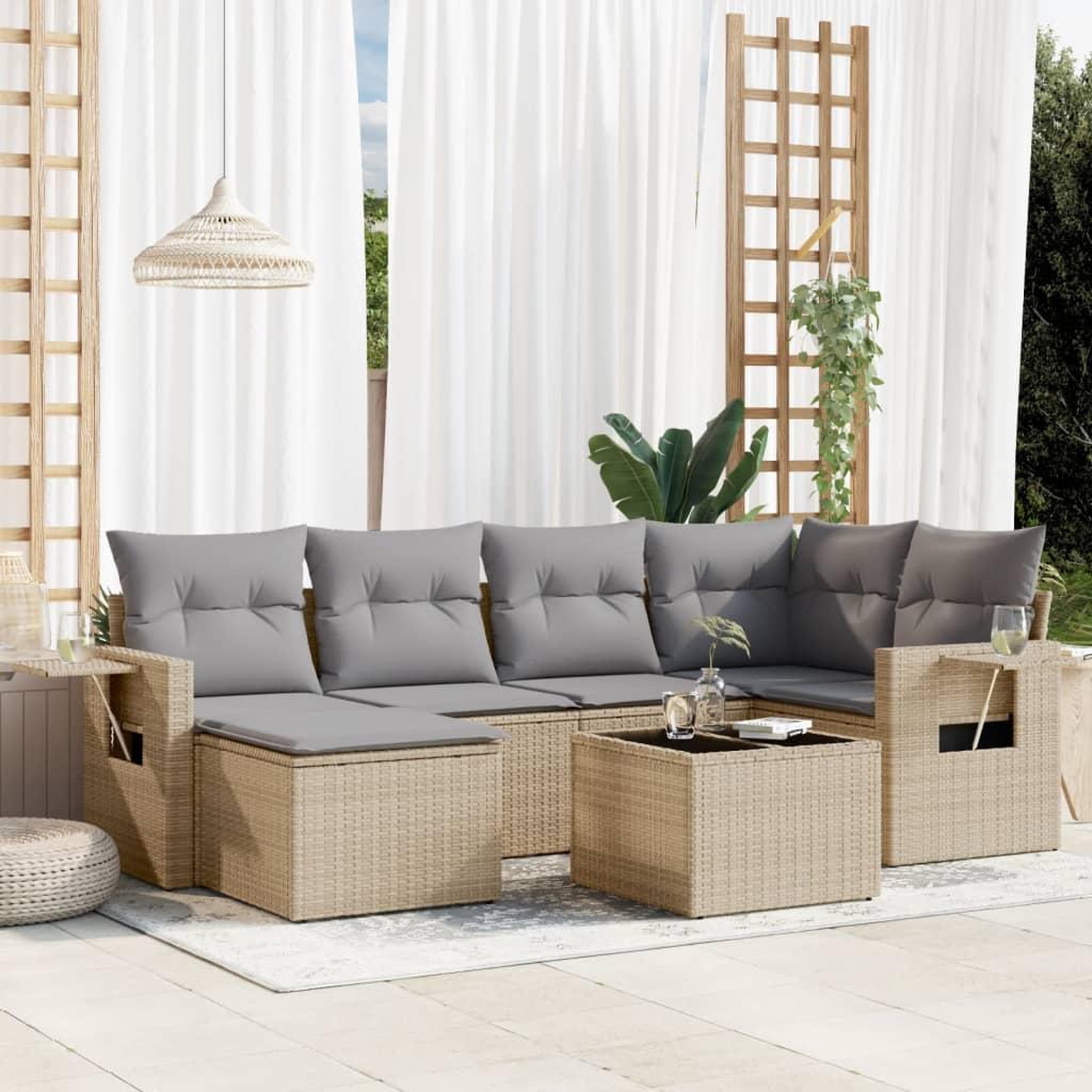 VIDAXL Salon de jardin avec coussins 7 pcs beige resine tressee